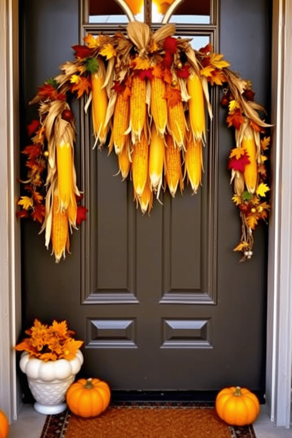 A beautifully decorated front door for Thanksgiving features hanging corn husks arranged in a natural and inviting manner. The corn husks are complemented by vibrant autumn leaves and small pumpkins placed at the base of the door for a festive touch.