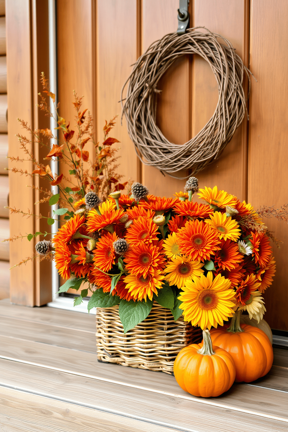 A vibrant seasonal floral arrangement in a woven basket sits on a rustic wooden porch. The basket is filled with an assortment of autumn blooms, including deep orange chrysanthemums and golden sunflowers, creating a warm and inviting display. Adorning the front door, a simple yet elegant wreath made of twigs and dried leaves complements the floral arrangement. A small pumpkin is placed beside the basket, adding a festive touch to the Thanksgiving decor.