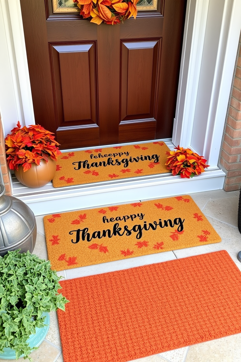 A welcoming front door adorned with layered doormats in vibrant fall colors. The top mat features a cheerful Thanksgiving greeting while the bottom mat showcases a rich, textured pattern that complements the seasonal hues.