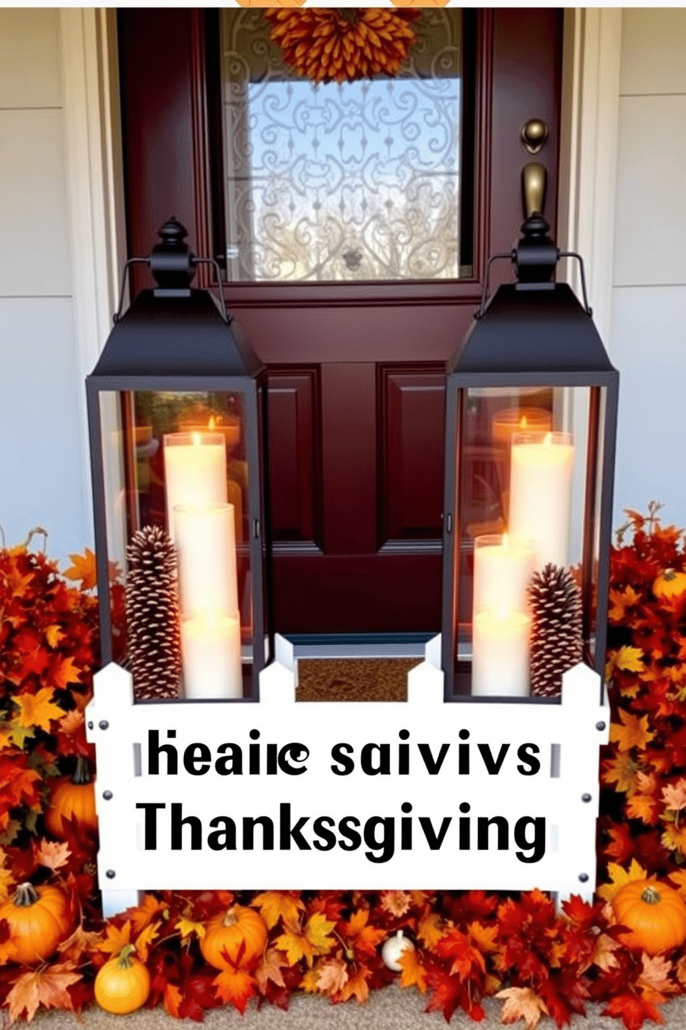 A warm and inviting front door decorated for Thanksgiving features a pair of lanterns filled with pinecones and flickering candles. The lanterns are placed on either side of the door, surrounded by a lush arrangement of autumn leaves and small pumpkins.