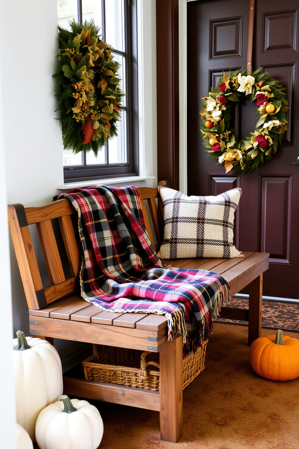 A cozy entryway adorned for Thanksgiving. A plaid throw blanket is elegantly draped over a rustic wooden bench, complemented by a seasonal wreath on the front door.