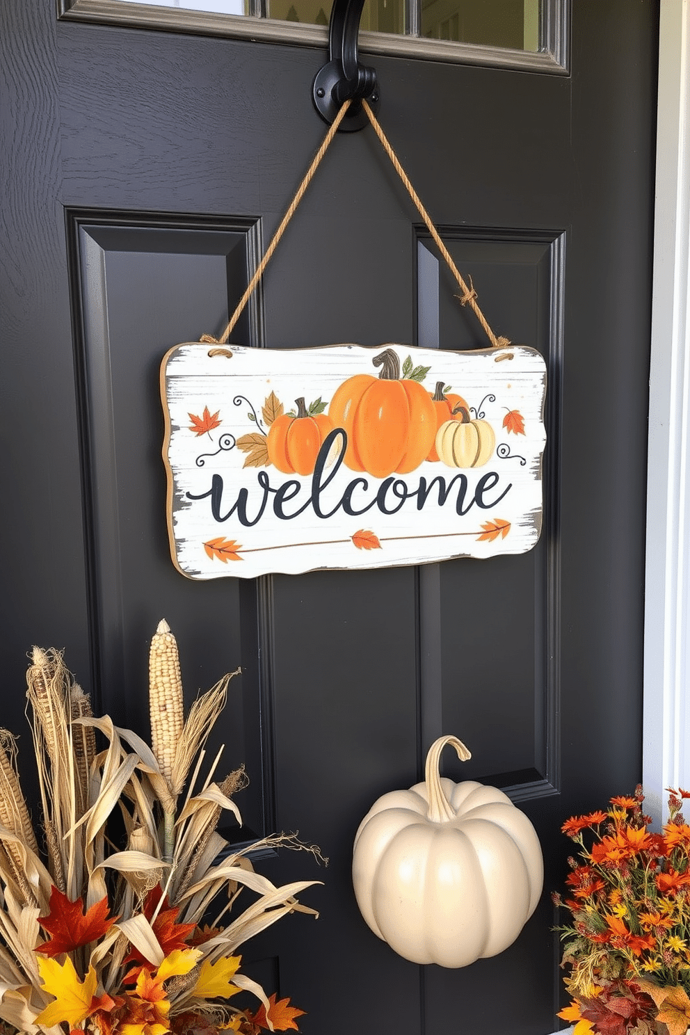 A charming welcome sign hangs on the front door, adorned with hand-painted pumpkins in warm autumn colors. Surrounding the sign, seasonal decorations like dried corn stalks and vibrant fall leaves create a festive atmosphere.