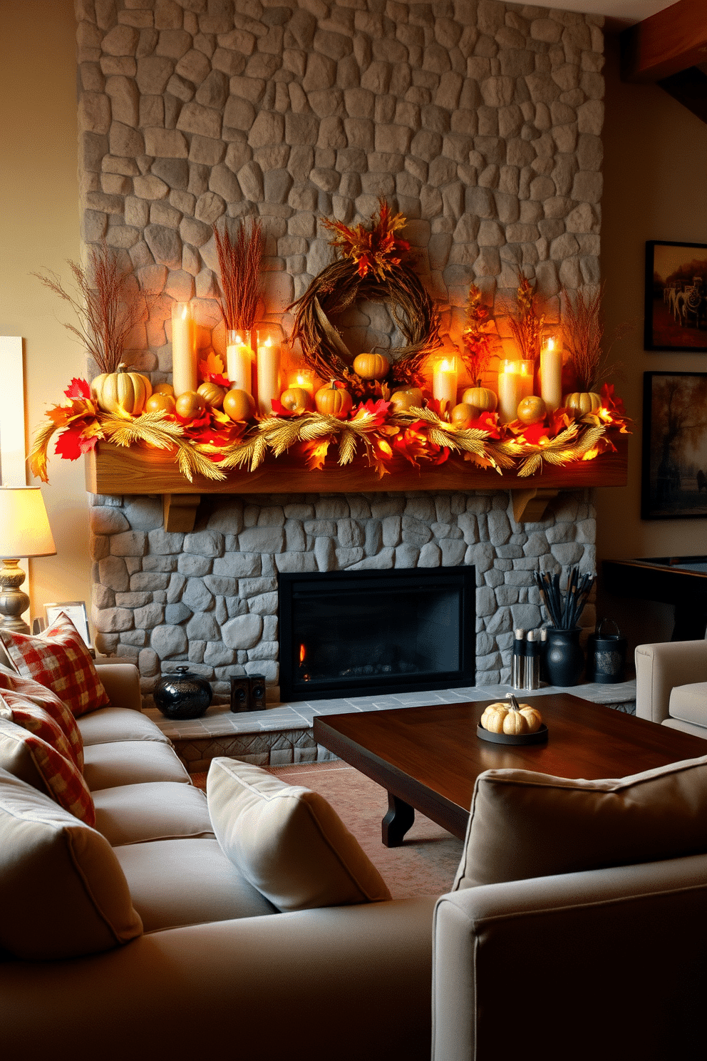 A cozy fireplace is adorned with autumn-themed decorations, featuring pumpkins, colorful leaves, and warm-toned candles. The mantel is lined with rustic wooden accents and a garland of dried corn, creating a welcoming atmosphere for gatherings. In the game room, plush seating surrounds a large coffee table, inviting friends and family to relax. The walls are decorated with seasonal artwork, and warm lighting enhances the festive ambiance, making it the perfect space for Thanksgiving celebrations.