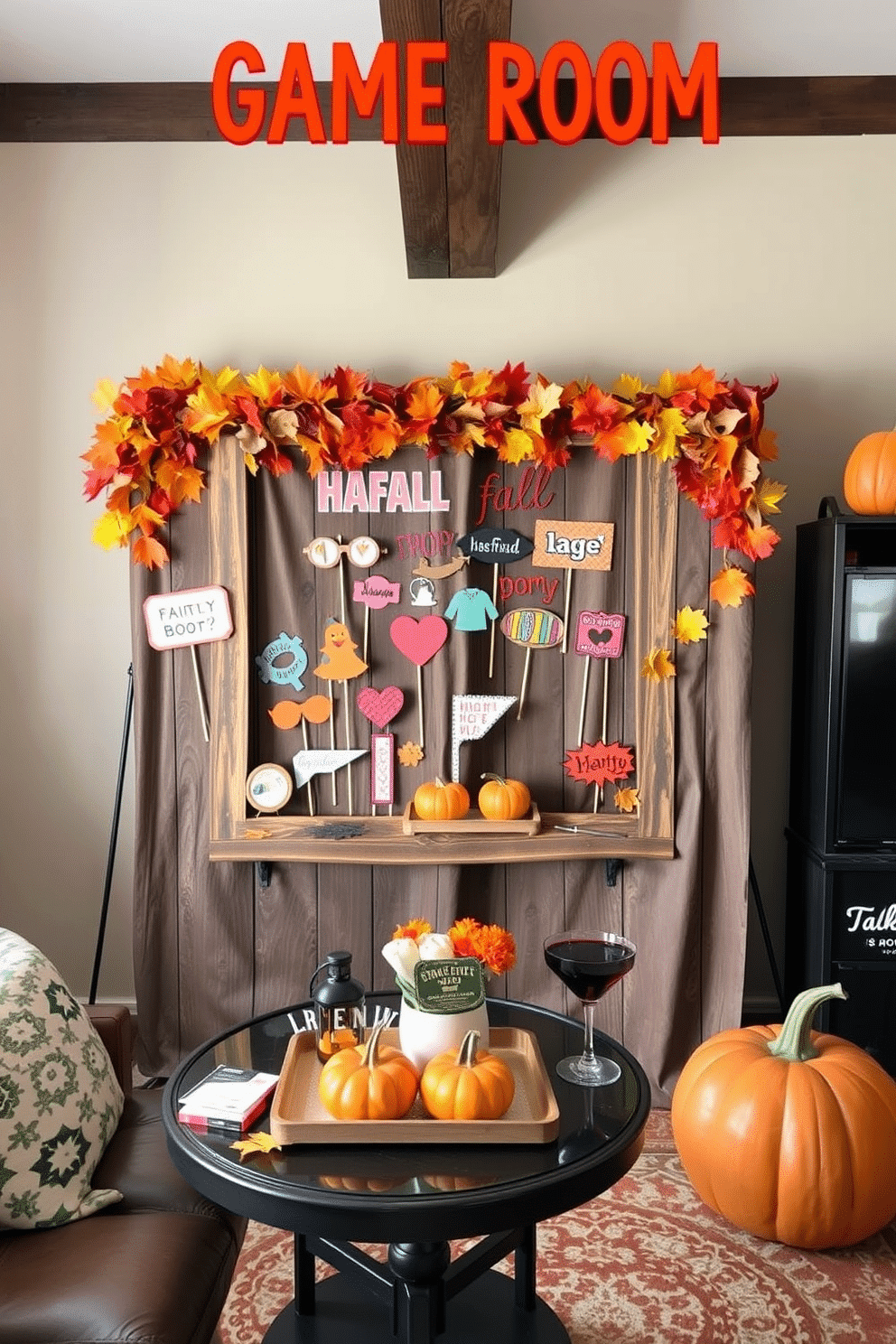 A cozy game room setup featuring a DIY photo booth adorned with vibrant fall props. The backdrop includes a rustic wooden frame decorated with autumn leaves and pumpkins, creating a festive atmosphere for Thanksgiving celebrations.