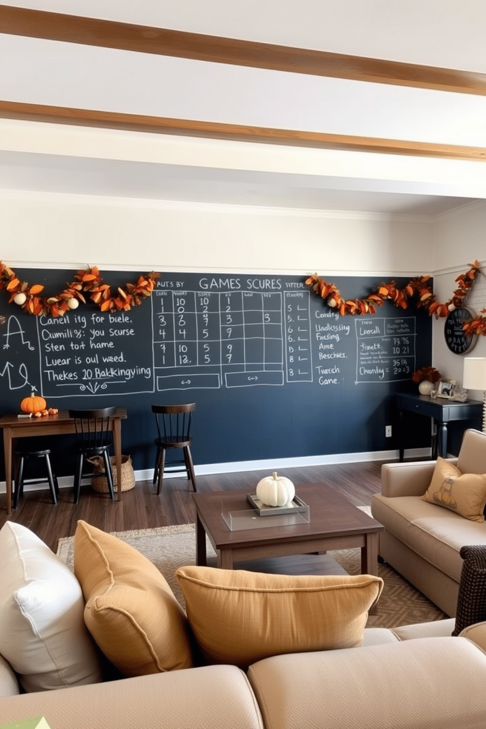 A cozy game room featuring a chalkboard wall dedicated to keeping track of game scores. The room is filled with comfortable seating, a large coffee table, and festive Thanksgiving decorations, including autumnal garlands and themed cushions.