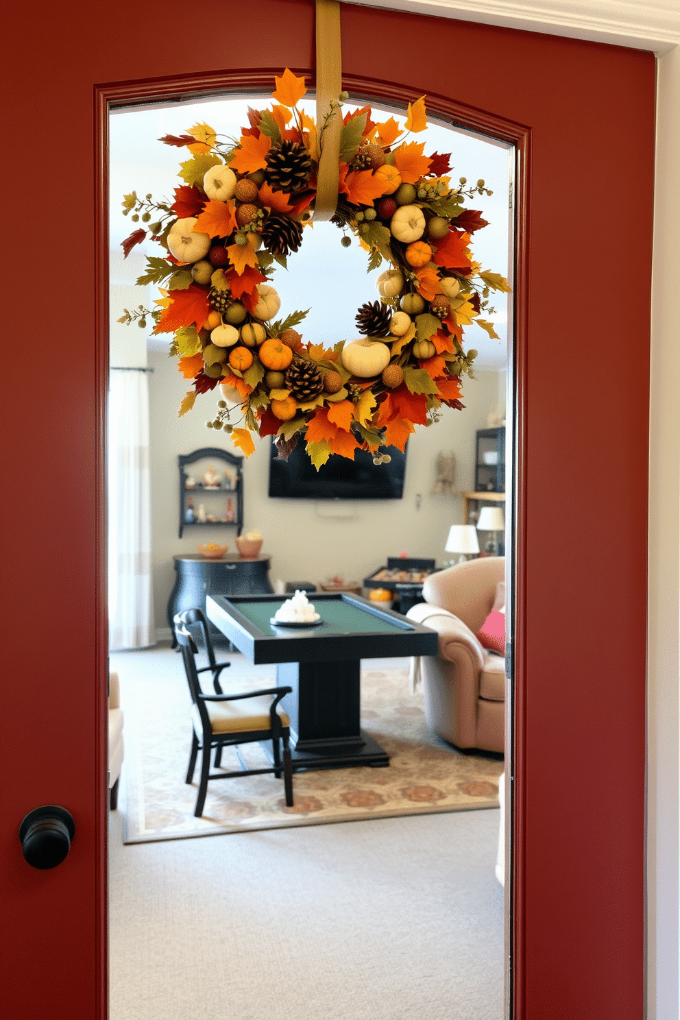 A warm and inviting game room entrance adorned with a seasonal wreath. The wreath features autumn leaves, pinecones, and small pumpkins, creating a festive atmosphere for Thanksgiving. The door is painted a rich, deep color that complements the wreath, enhancing the overall charm of the space. Inside, the game room is decorated with cozy seating, games, and touches of fall decor, making it perfect for gatherings.