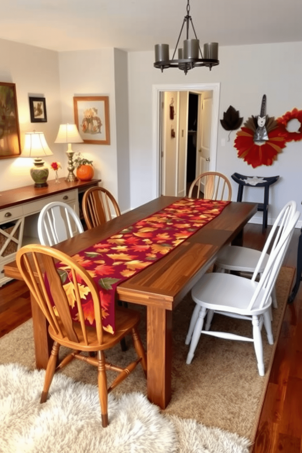 A vibrant table runner adorned with colorful leaves stretches across a rustic wooden table. Surrounding the table are mismatched chairs, each with its own unique design, creating a cozy and inviting atmosphere for Thanksgiving gatherings. On the walls, playful artwork and autumn-themed decorations add warmth and charm to the game room. A plush area rug anchors the space, while soft lighting from vintage-style lamps enhances the festive mood.