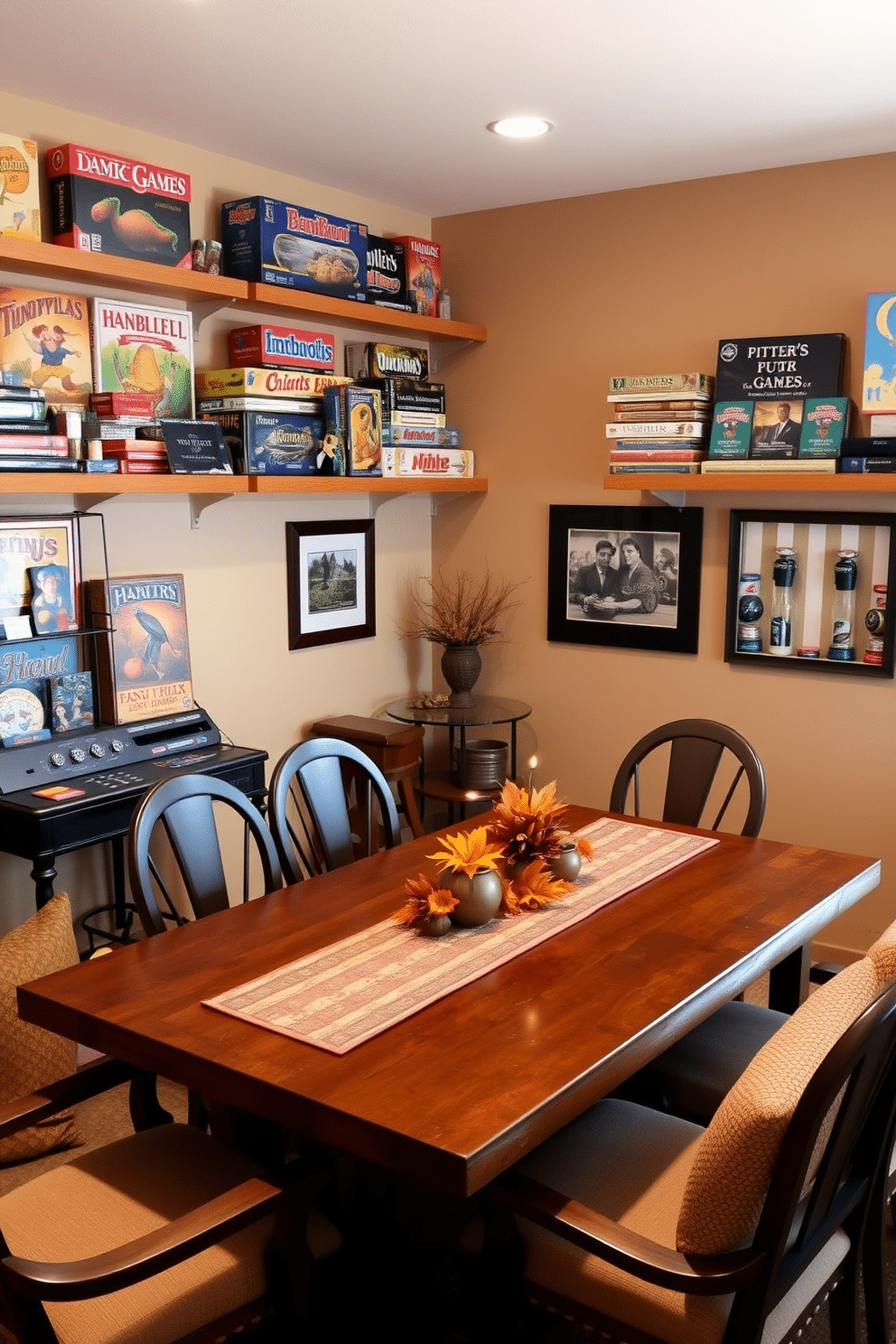 A cozy game room featuring vintage games displayed on wooden shelves. The walls are painted in a warm beige, and a rustic wooden table sits in the center, surrounded by comfortable chairs. Thanksgiving decorations adorn the space, including a festive table runner and autumn-themed centerpieces. Soft lighting creates an inviting atmosphere, perfect for family gatherings and game nights.