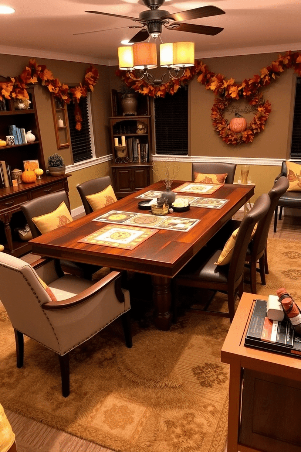 A cozy game room decorated for Thanksgiving features a large wooden table set with festive board games. Surrounding the table are comfortable chairs adorned with autumn-themed cushions, and a warm, inviting color palette of oranges, browns, and golds fills the space. On the walls, decorative elements include garlands of fall leaves and pumpkins, creating a cheerful atmosphere. A plush area rug in earthy tones anchors the room, while a side table holds snacks and drinks for guests to enjoy during game night.