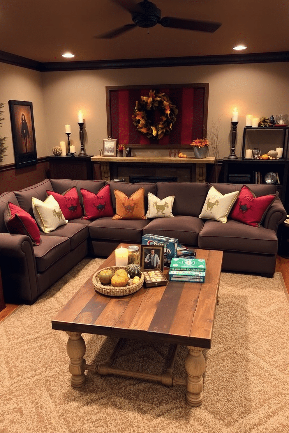 A cozy game room decorated for Thanksgiving features a warm color palette with rich browns and deep oranges. Fall-scented candles are placed strategically around the room, creating a welcoming atmosphere that invites relaxation and enjoyment. The seating area includes a large, plush sectional sofa adorned with autumn-themed throw pillows. A rustic coffee table made of reclaimed wood sits in the center, surrounded by games and seasonal decorations, enhancing the festive spirit.