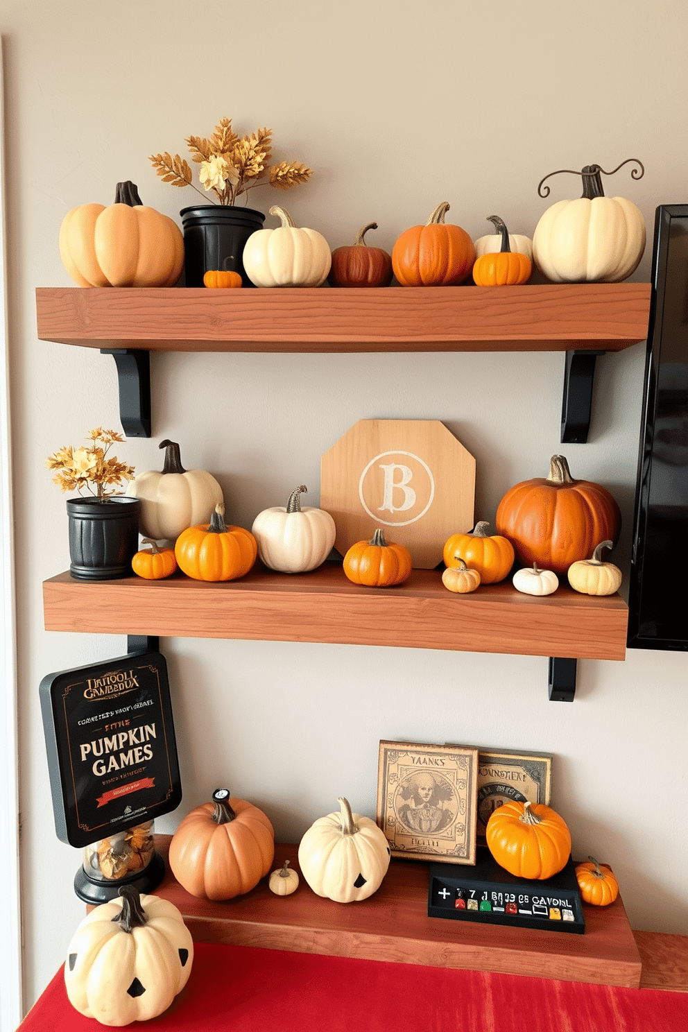 Mini pumpkin decorations are artfully arranged on rustic wooden shelves, adding a warm and festive touch to the game room. The shelves are adorned with various sizes of pumpkins, some painted in autumn hues, while playful game-themed decor complements the seasonal display.