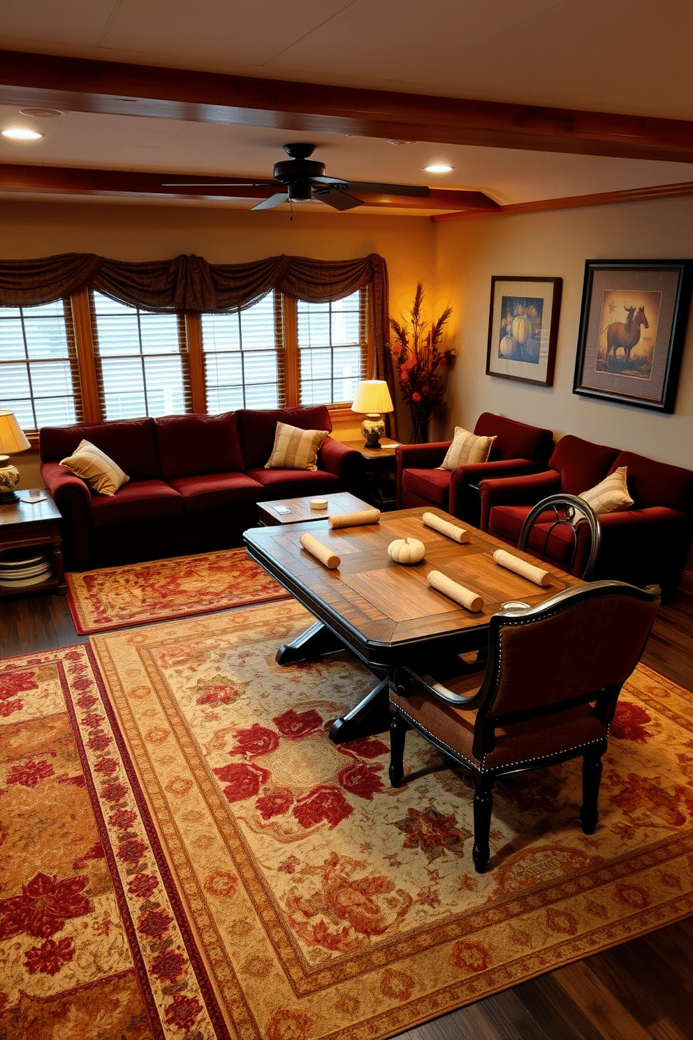 A cozy game room adorned with autumn-colored rugs that add warmth and comfort. The space features a large sectional sofa in deep burgundy, complemented by rustic wooden side tables and warm ambient lighting. In one corner, a vintage wooden game table is surrounded by upholstered chairs in rich earth tones. Decorative elements like pumpkins and fall-themed artwork enhance the festive Thanksgiving atmosphere.