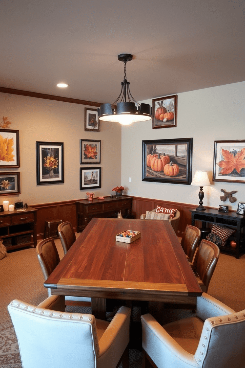 A cozy game room adorned with harvest-themed wall art and prints. The walls feature framed artwork depicting autumn leaves, pumpkins, and festive scenes that evoke the spirit of Thanksgiving. A large wooden table in the center of the room is surrounded by comfortable chairs, perfect for family gatherings. Soft, warm lighting creates an inviting atmosphere, enhancing the seasonal decor and making the space perfect for holiday festivities.