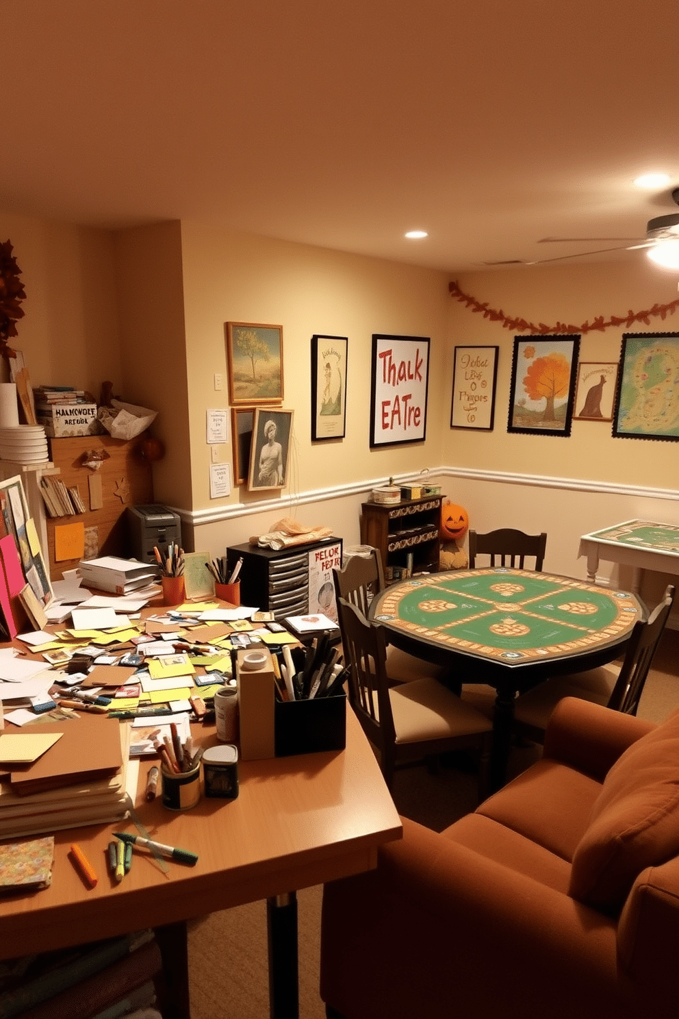 A cozy craft station for making Thanksgiving cards. The table is cluttered with colorful papers, stamps, and markers, while a warm light illuminates the area. A playful game room decorated for Thanksgiving. The walls are adorned with autumn-themed art, and a large table is set up with board games surrounded by comfortable seating.