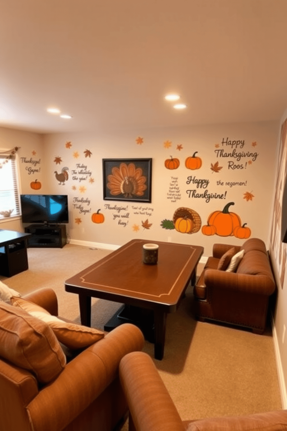 A cozy game room decorated for Thanksgiving features wall decals of autumn leaves and turkeys. The space is filled with comfortable seating, a large table for games, and warm lighting that creates an inviting atmosphere. Thanksgiving-themed wall decals include pumpkins, cornucopias, and playful phrases celebrating the holiday. These decals bring a festive touch to the room, enhancing the overall theme and creating a cheerful environment for family gatherings.