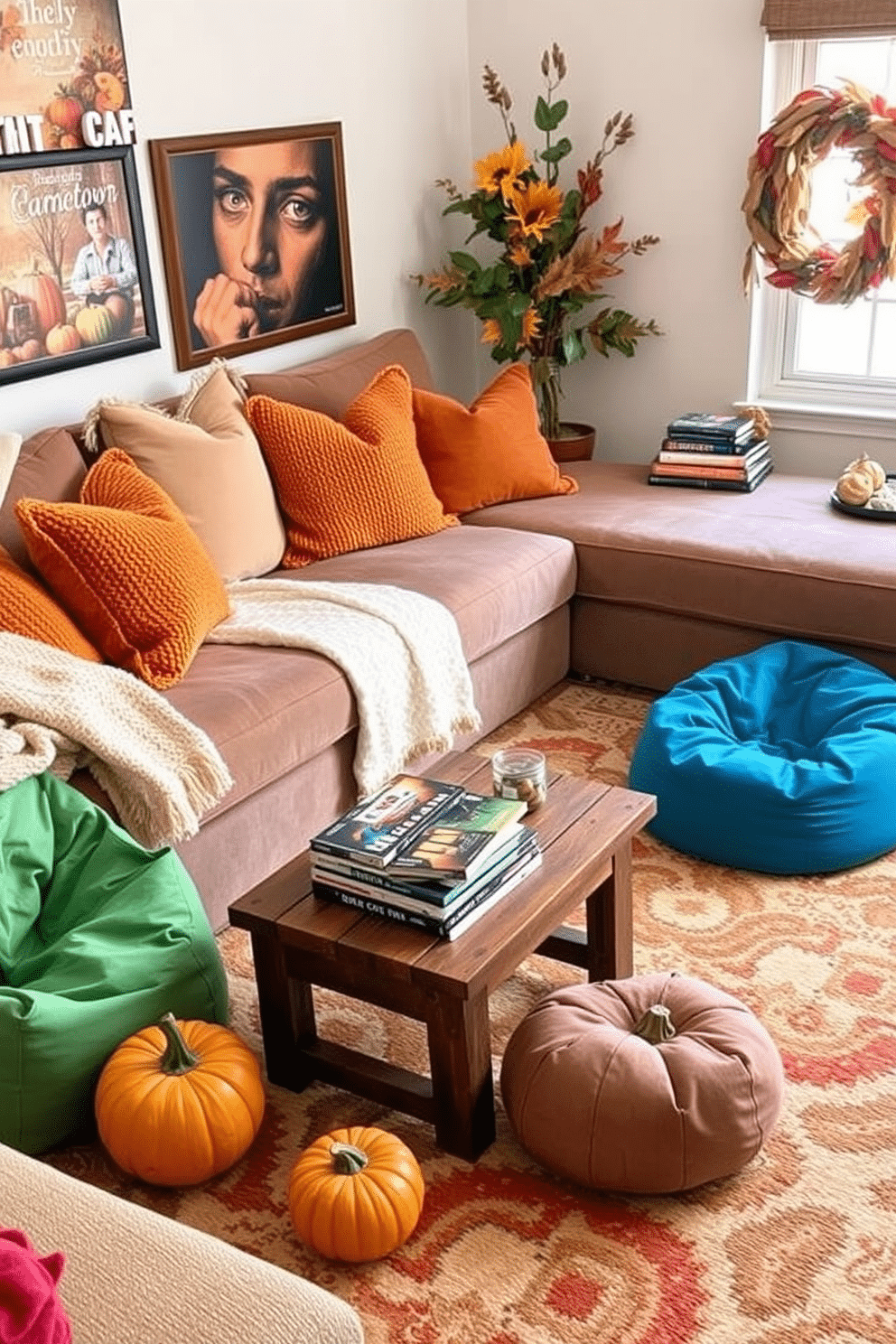 A cozy Thanksgiving movie night corner features a plush sectional sofa adorned with warm, textured throw pillows. A large, soft blanket is draped over the armrest, while a rustic wooden coffee table holds a selection of seasonal snacks and a stack of classic holiday films. The Thanksgiving game room is designed for fun and relaxation, with a large, inviting area rug that defines the space. Colorful bean bags and a low table create a playful atmosphere, while festive decorations like pumpkins and autumn leaves add a seasonal touch.