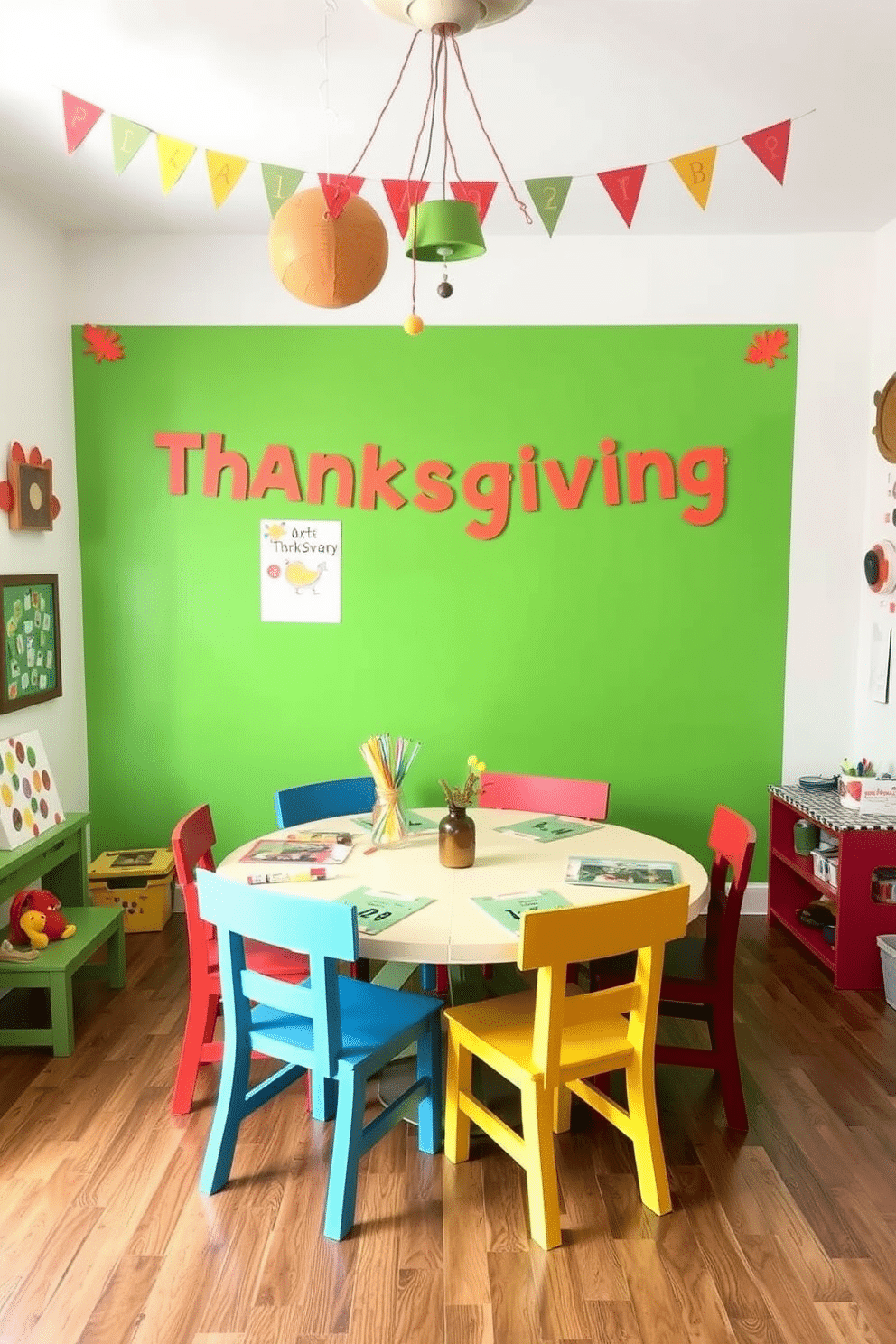 A cozy game room designed for Thanksgiving activities. The centerpiece is a craft paper table surrounded by colorful chairs, adorned with playful decorations and art supplies ready for creative fun.