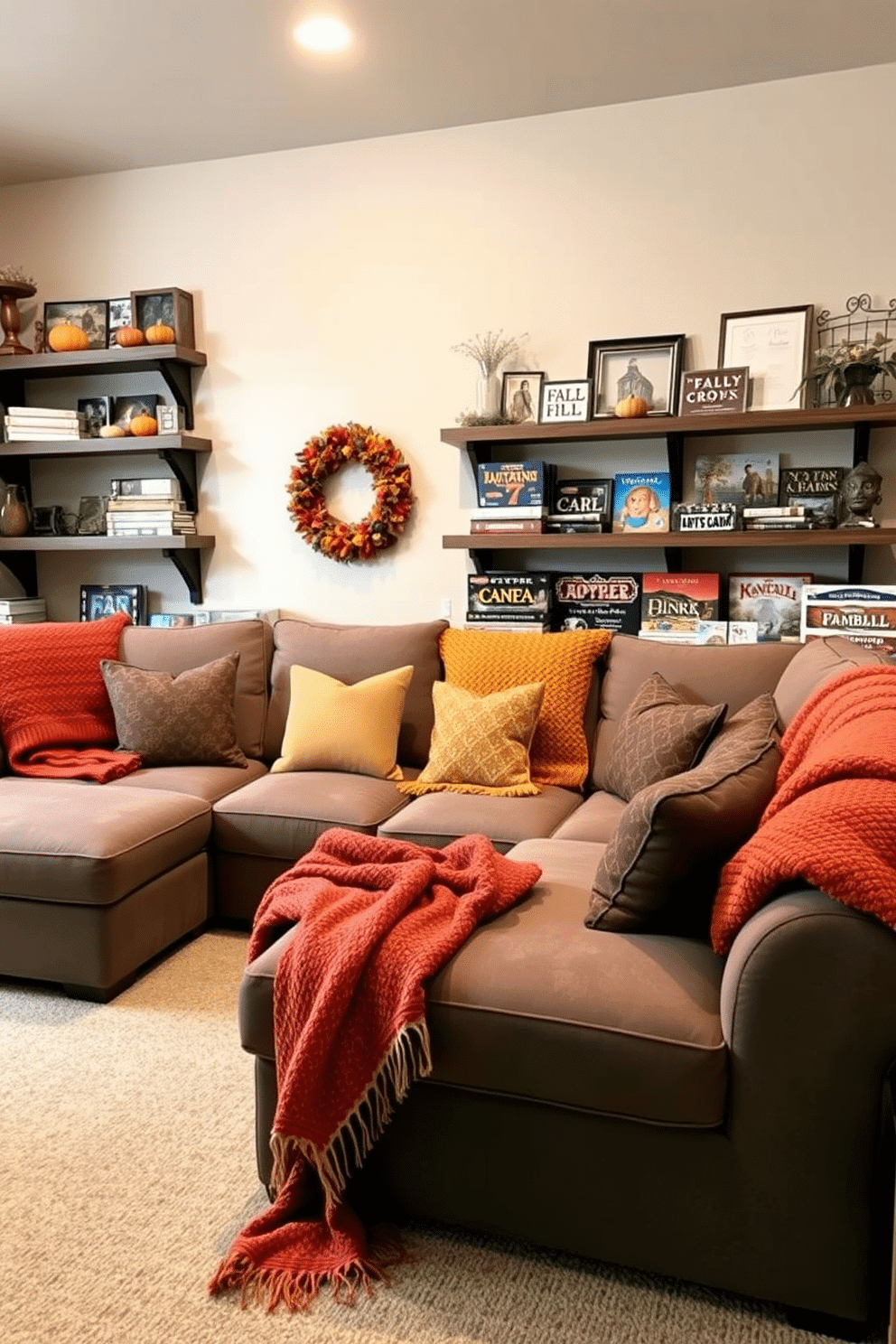 A cozy game room featuring a large sectional sofa adorned with seasonal throw blankets in warm autumn colors. The walls are decorated with rustic wooden shelves filled with board games and fall-themed decor, creating an inviting atmosphere for gatherings.