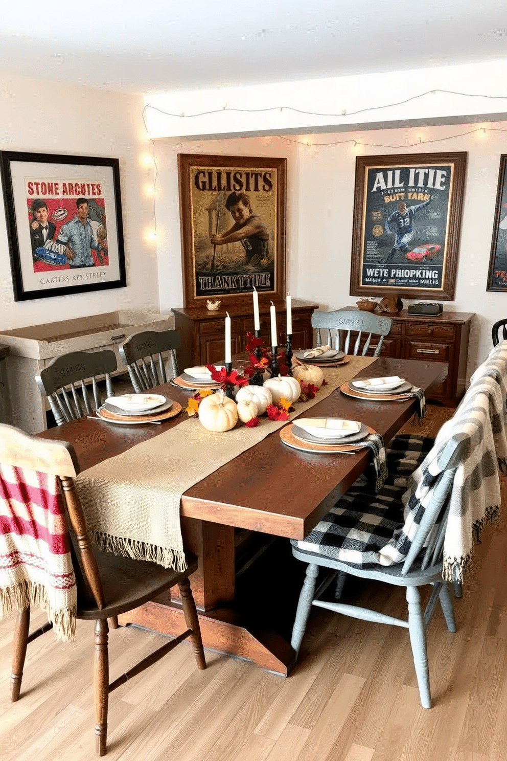 A warm and inviting game room features a large wooden dining table set for Thanksgiving. The table is adorned with a rustic burlap table runner, pumpkins of various sizes, and a centerpiece of autumn leaves and candles. Around the table, mismatched chairs create a cozy atmosphere, while soft, plaid throw blankets are draped over the backs. The walls are decorated with framed vintage game posters and string lights add a festive glow to the space.