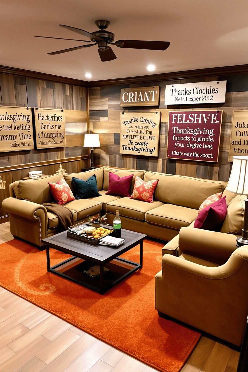 A cozy game room featuring wooden signs adorned with heartfelt Thanksgiving quotes. The walls are decorated with rustic wooden panels, and a large, inviting sectional sofa is placed in the center, surrounded by a warm, layered area rug. In one corner, a stylish coffee table holds festive snacks and drinks, while colorful throw pillows add a touch of seasonal cheer. Soft, ambient lighting from vintage-style lamps creates a welcoming atmosphere for family gatherings and holiday celebrations.