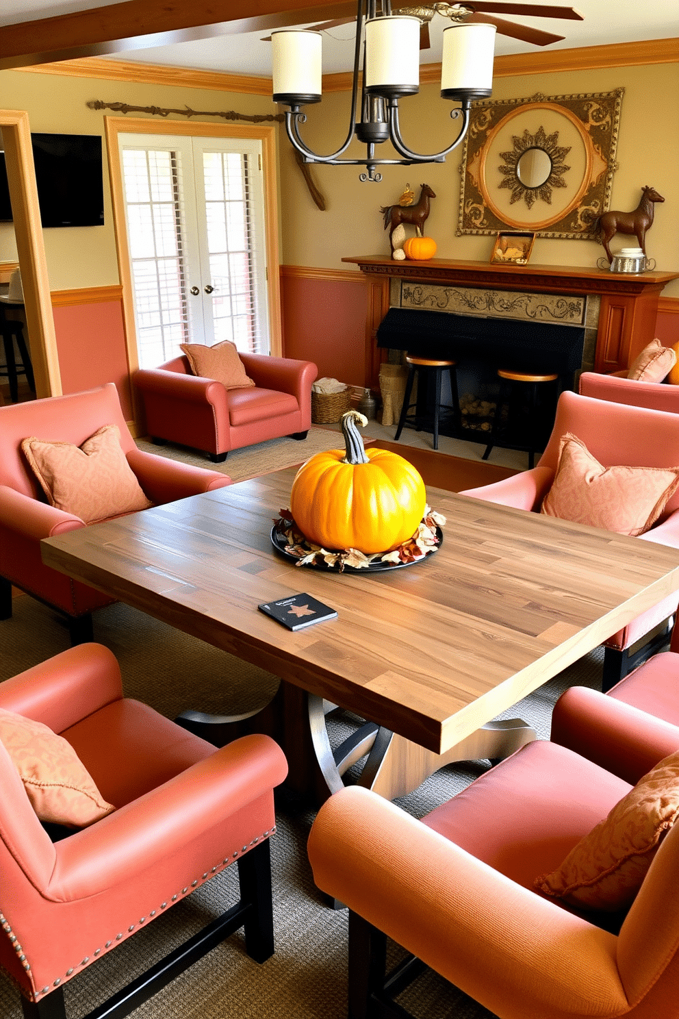 A warm and inviting game room features a rustic wooden game table at the center adorned with a vibrant pumpkin centerpiece. Surrounding the table are cozy seating options, with plush armchairs and a sofa in warm autumn tones, creating a festive atmosphere for Thanksgiving gatherings.