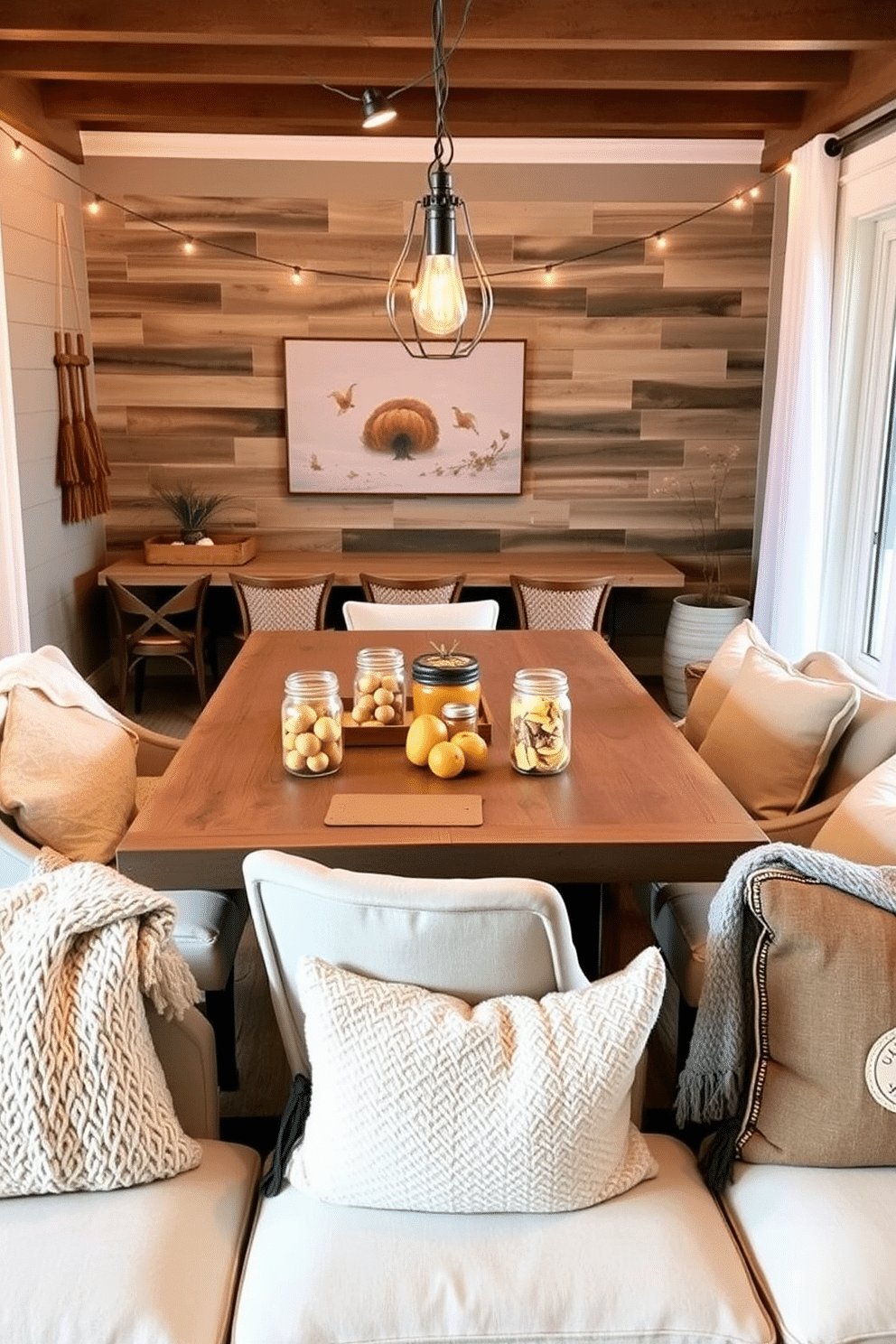 A cozy game room designed for Thanksgiving festivities. The space features a rustic wooden table surrounded by comfortable chairs, adorned with mason jars filled with seasonal treats like caramel apples and pumpkin spice cookies. Warm lighting from string lights creates an inviting atmosphere. Plush throw blankets and cushions in autumn colors add a touch of comfort and style to the seating area.