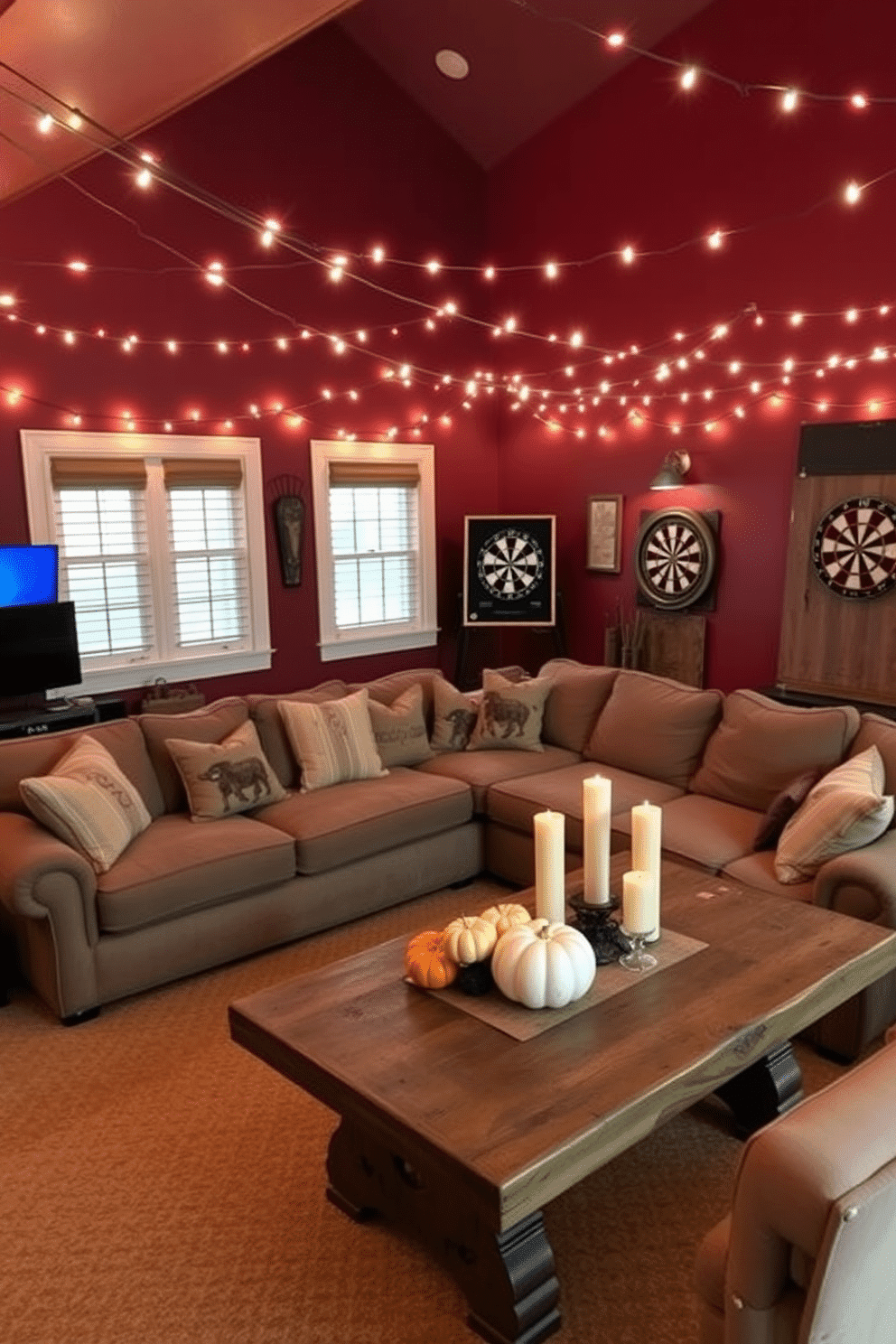 A cozy game room adorned with string lights that create a warm and inviting ambiance. The walls are painted in a rich, deep color, and a large sectional sofa is positioned around a rustic coffee table, perfect for gatherings. Decorative elements include autumn-themed throw pillows and a festive table setting featuring pumpkins and candles. A game console is set up in one corner, and a dartboard adds a playful touch to the overall decor.