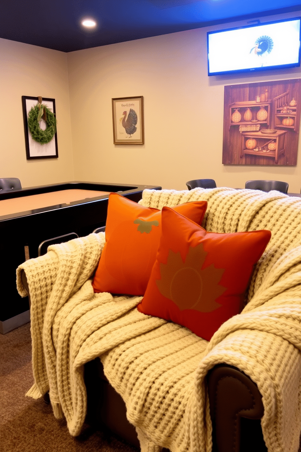 A cozy game room decorated for Thanksgiving features throw pillows and blankets in warm autumn colors. The pillows are adorned with pumpkin and turkey motifs, while the blankets are soft and knitted, inviting guests to relax and enjoy the festive atmosphere.