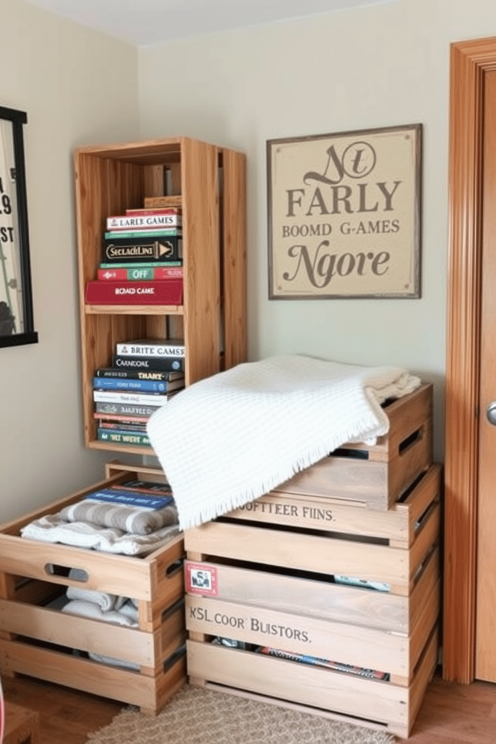 A cozy game room featuring wooden crates used for rustic storage. The crates are stacked in the corner, filled with board games and blankets, creating an inviting atmosphere for family gatherings.