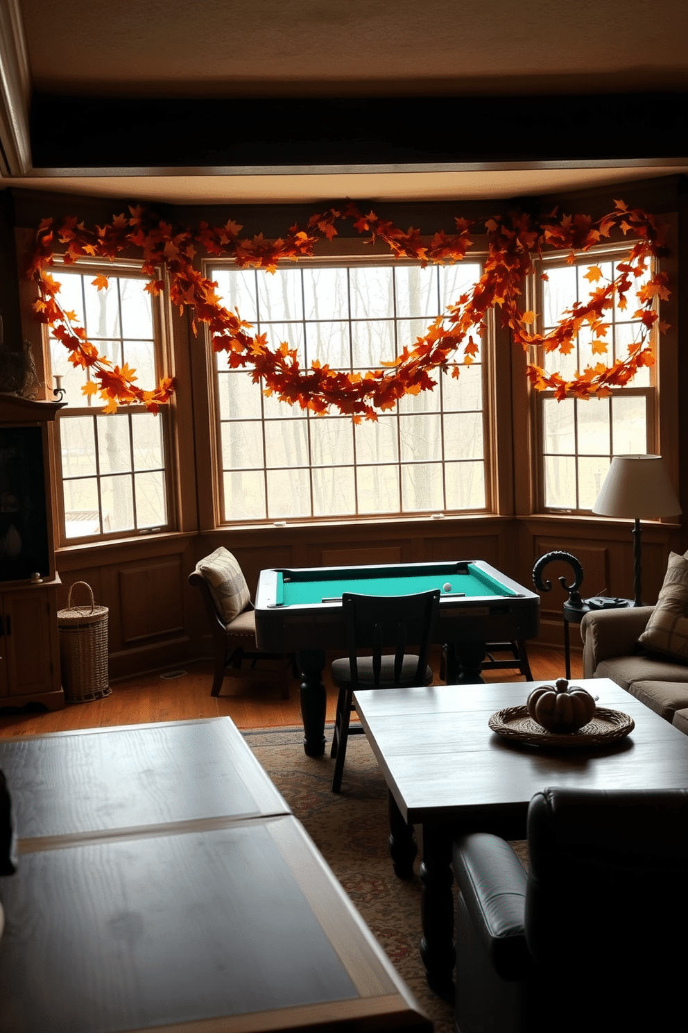 A cozy game room adorned with a fall foliage garland draped around the windows. The warm colors of the leaves complement the rustic wooden furniture and soft lighting, creating an inviting atmosphere for gatherings.