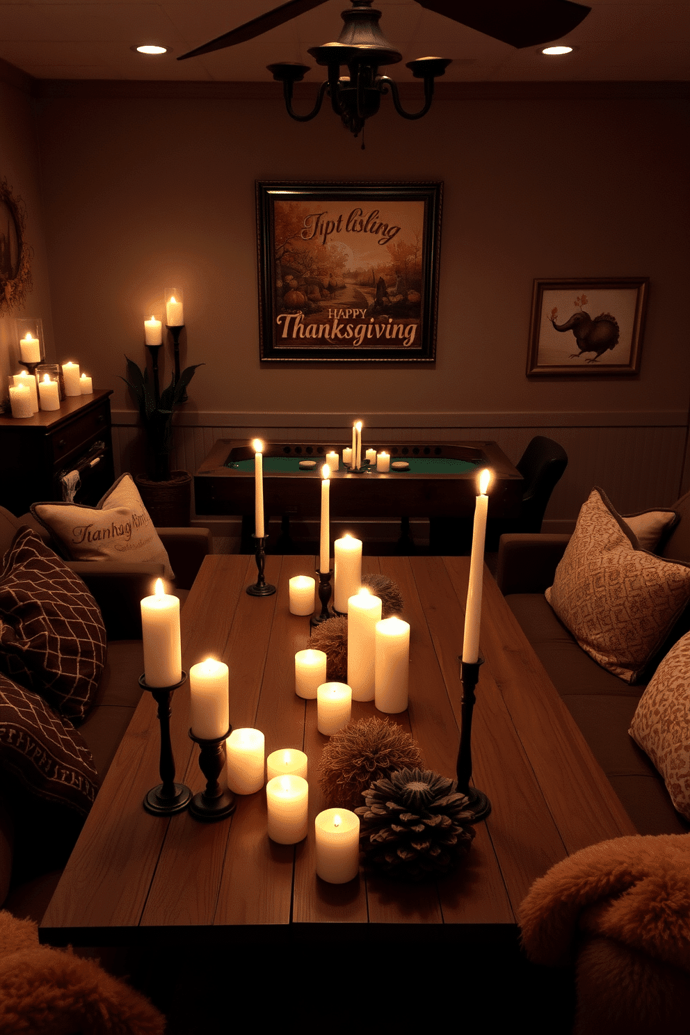 A cozy game room setting adorned with candles of varying heights to create a warm ambiance. The flickering candlelight casts a soft glow over a rustic wooden table surrounded by comfortable seating. The walls are decorated with autumn-themed artwork, reflecting the spirit of Thanksgiving. Plush throws and seasonal cushions enhance the inviting atmosphere, making it perfect for gatherings with family and friends.