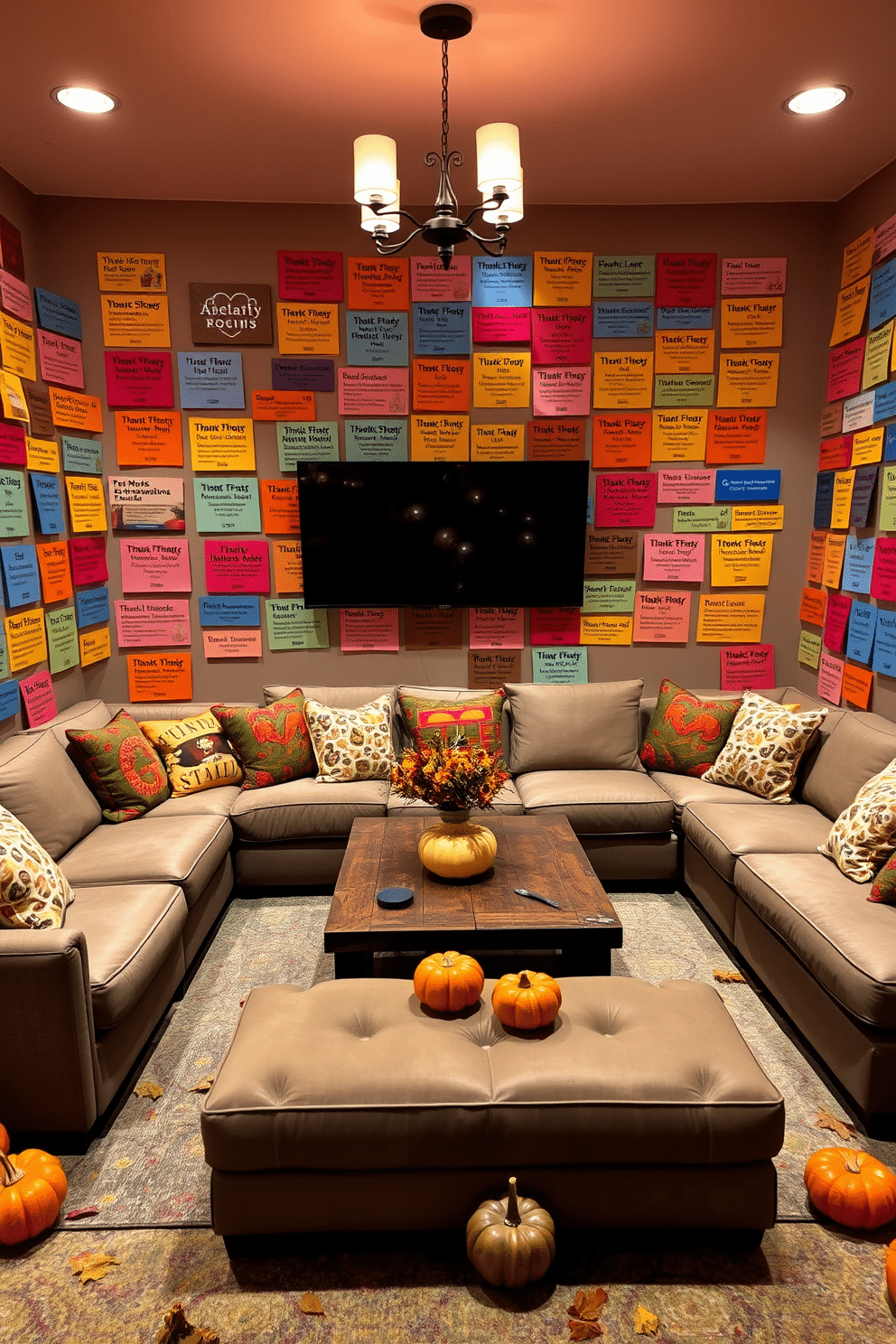 A vibrant game room designed for Thanksgiving festivities. The walls are adorned with colorful trivia cards featuring fun facts about Thanksgiving history and traditions. Comfortable seating arrangements include a large sectional sofa with plush cushions and a rustic coffee table in the center. Ambient lighting creates a warm atmosphere, complemented by festive decorations like pumpkins and autumn leaves scattered throughout the space.