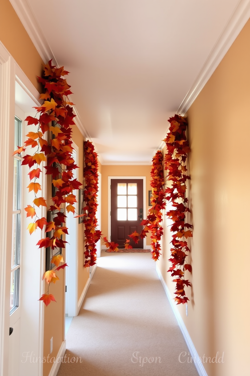 A warm and inviting hallway adorned with a garland of vibrant autumn leaves. The garland gracefully drapes along the walls, creating a festive atmosphere perfect for Thanksgiving celebrations.