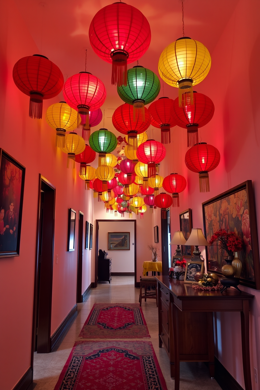 A vibrant hallway adorned with colorful paper lanterns hanging from the ceiling, creating a warm and festive atmosphere. The walls are decorated with autumn-themed artwork, and a rich wooden console table is placed against one side, topped with seasonal decorations.