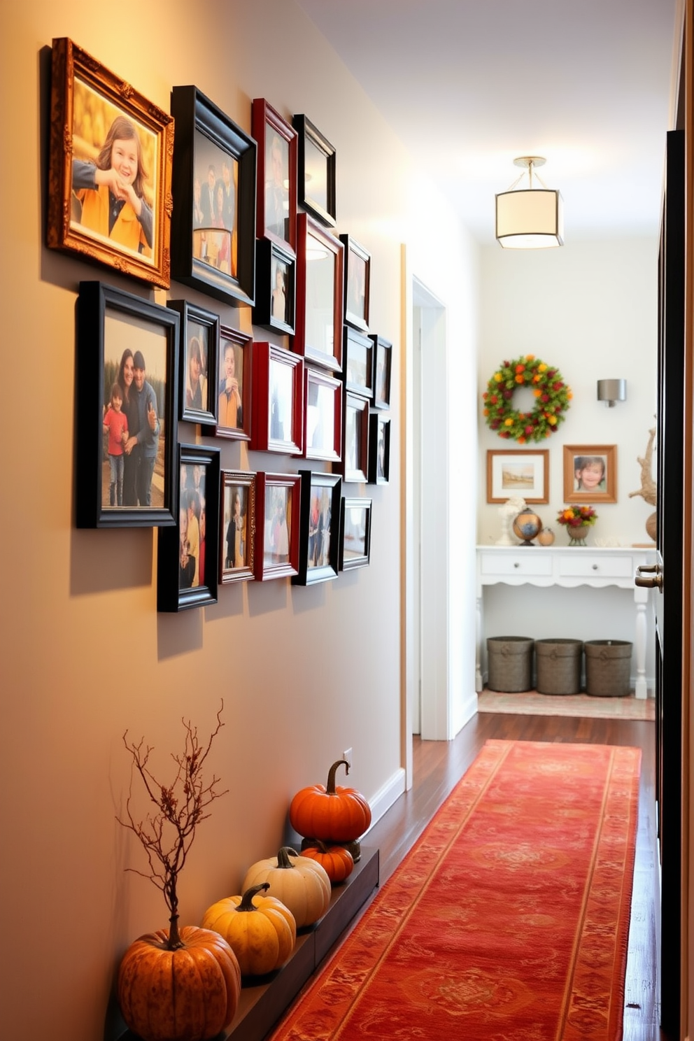 A family photo collage adorns the hallway wall, featuring a mix of framed pictures in warm autumn colors. The frames vary in size and style, creating an inviting and nostalgic atmosphere perfect for Thanksgiving. Soft, ambient lighting highlights the collage while small decorative pumpkins and gourds are placed at the base to enhance the seasonal theme. A cozy runner rug in rich earth tones leads guests through the hallway, adding warmth and texture to the space.