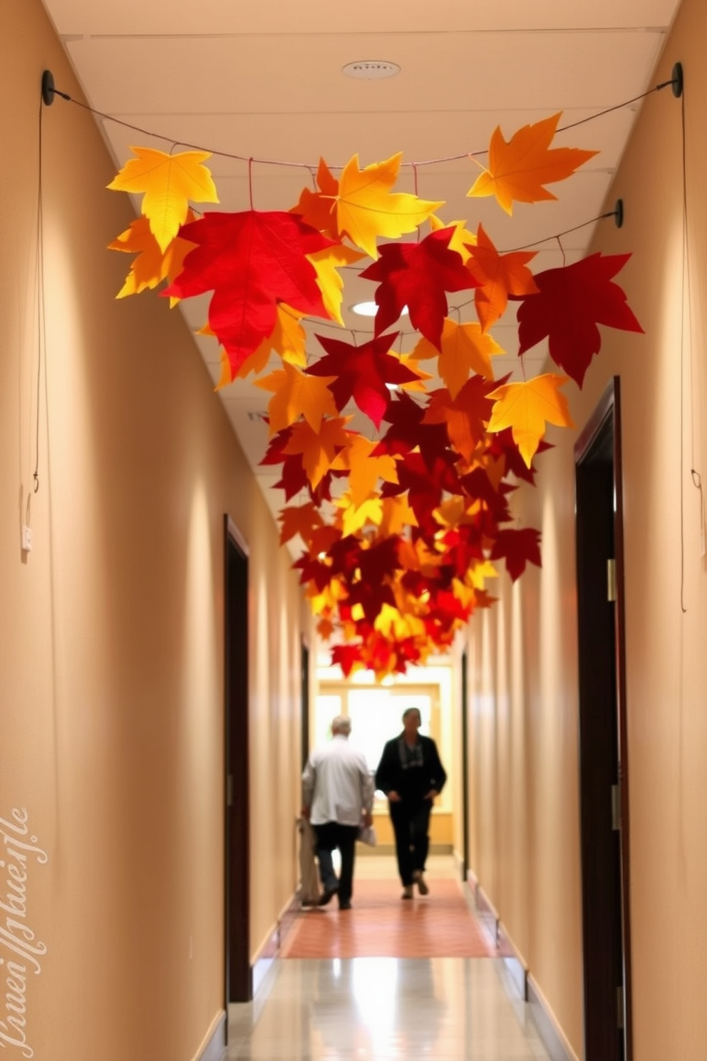 Felt leaf banners in vibrant autumn colors are strung gracefully across the hallway creating a warm and inviting atmosphere. The banners gently sway as guests walk by, adding a festive touch to the Thanksgiving decor.