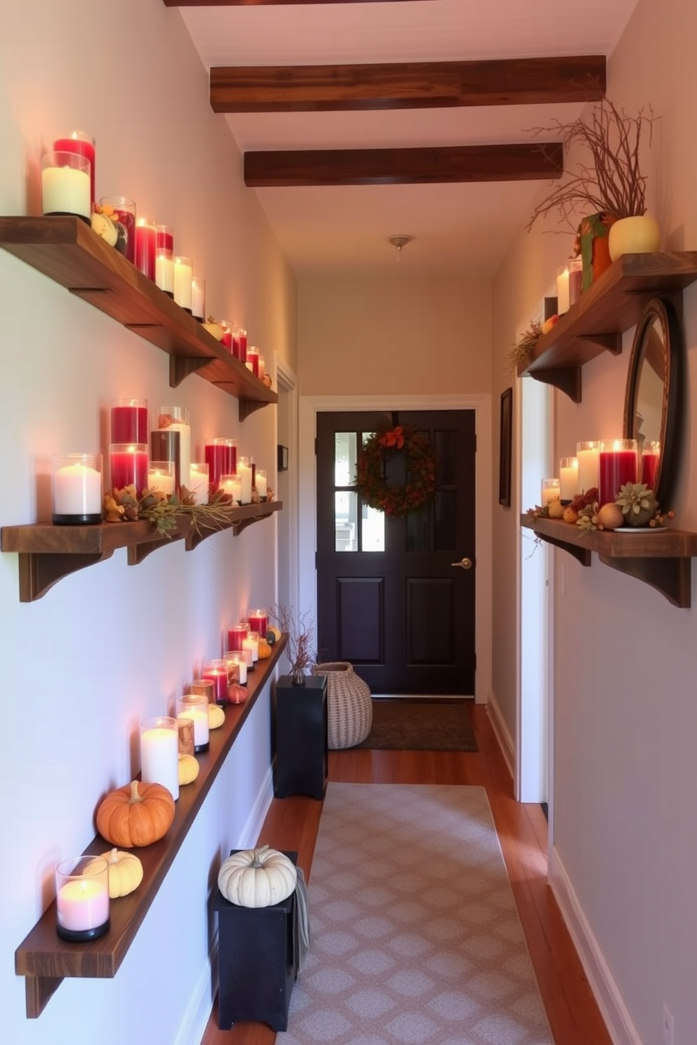 A warm and inviting hallway adorned with seasonal candles on wooden shelves creates a cozy atmosphere. The shelves are lined with an array of candles in autumnal colors, complemented by small decorative pumpkins and fall foliage.