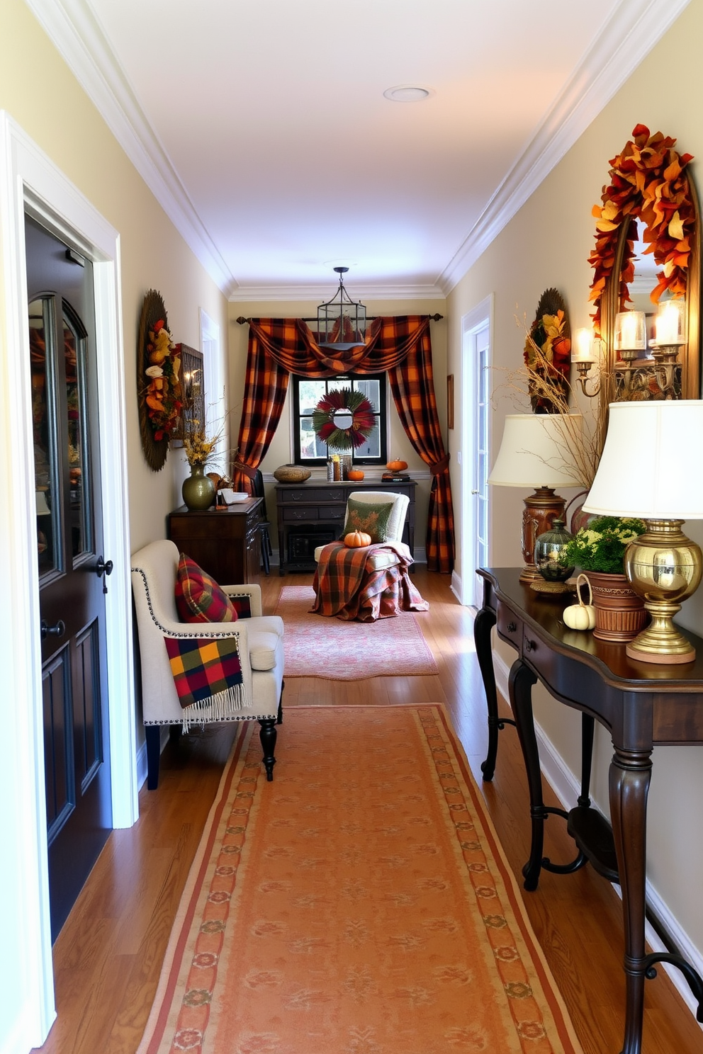 A cozy hallway adorned with plaid fabric draped over elegant furniture pieces. The warm colors of the fabric complement the autumn-themed decorations, creating a welcoming atmosphere for Thanksgiving.