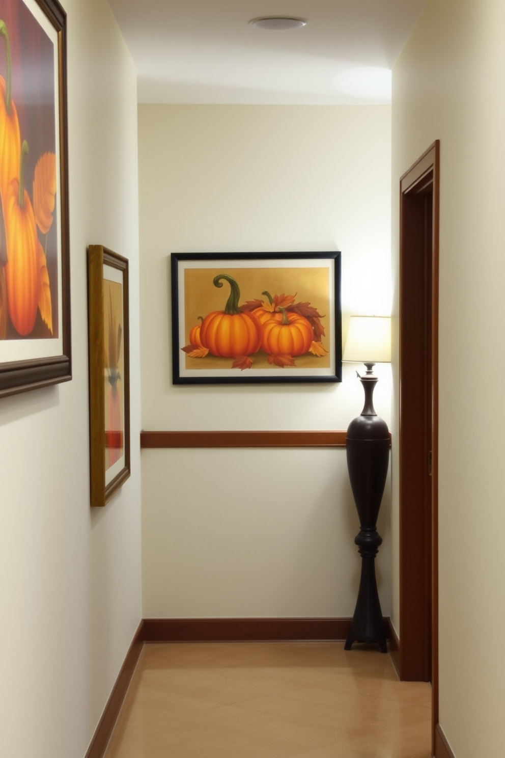 Harvest themed artwork adorns the hallway walls creating a warm and inviting atmosphere. The pieces feature rich autumn colors and seasonal motifs like pumpkins and leaves, enhancing the festive spirit of Thanksgiving.