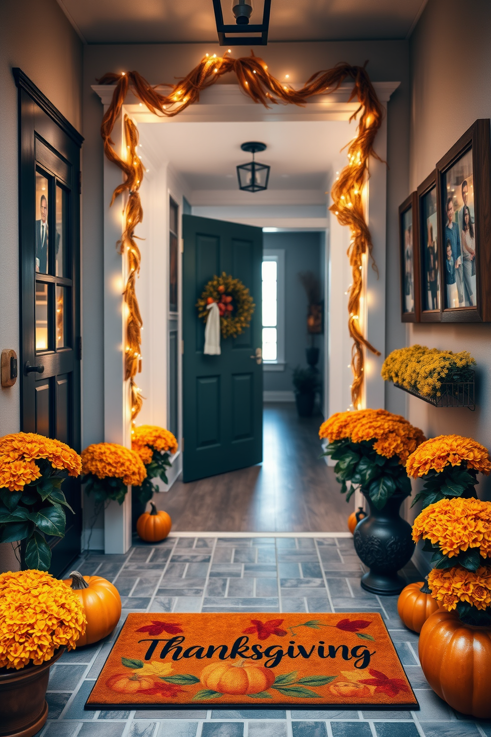 A welcoming entrance features a Thanksgiving-themed doormat adorned with autumn leaves and pumpkins. Flanking the doormat, potted chrysanthemums in warm hues add a festive touch to the entryway. The hallway is decorated with garlands of dried corn and twinkling fairy lights. Framed family photos in rustic frames line the walls, creating a cozy and inviting atmosphere.