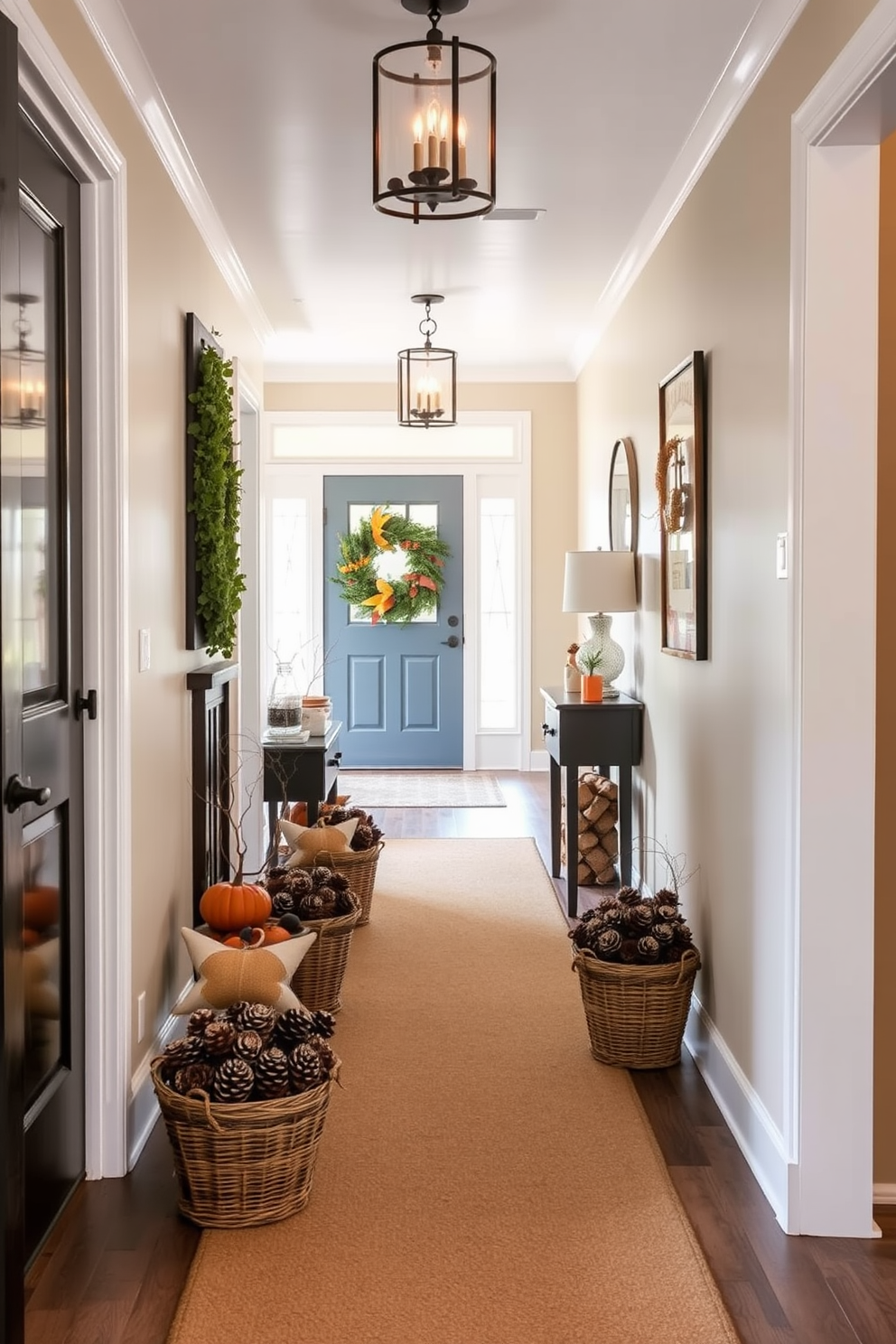 A warm and inviting hallway adorned for Thanksgiving. Decorative baskets filled with pinecones are strategically placed along the floor, adding a rustic touch to the space.