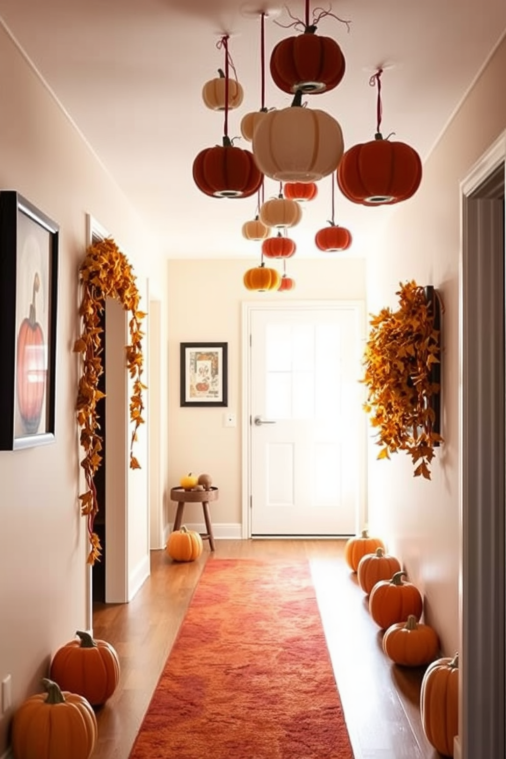 Create a warm and inviting hallway decorated for Thanksgiving. Hanging fabric pumpkins of various sizes and colors dangle from the ceiling, adding a festive touch to the space. The walls are adorned with autumn-themed artwork and garlands made of dried leaves. A cozy runner rug in rich fall colors leads guests through the hallway, enhancing the seasonal atmosphere.