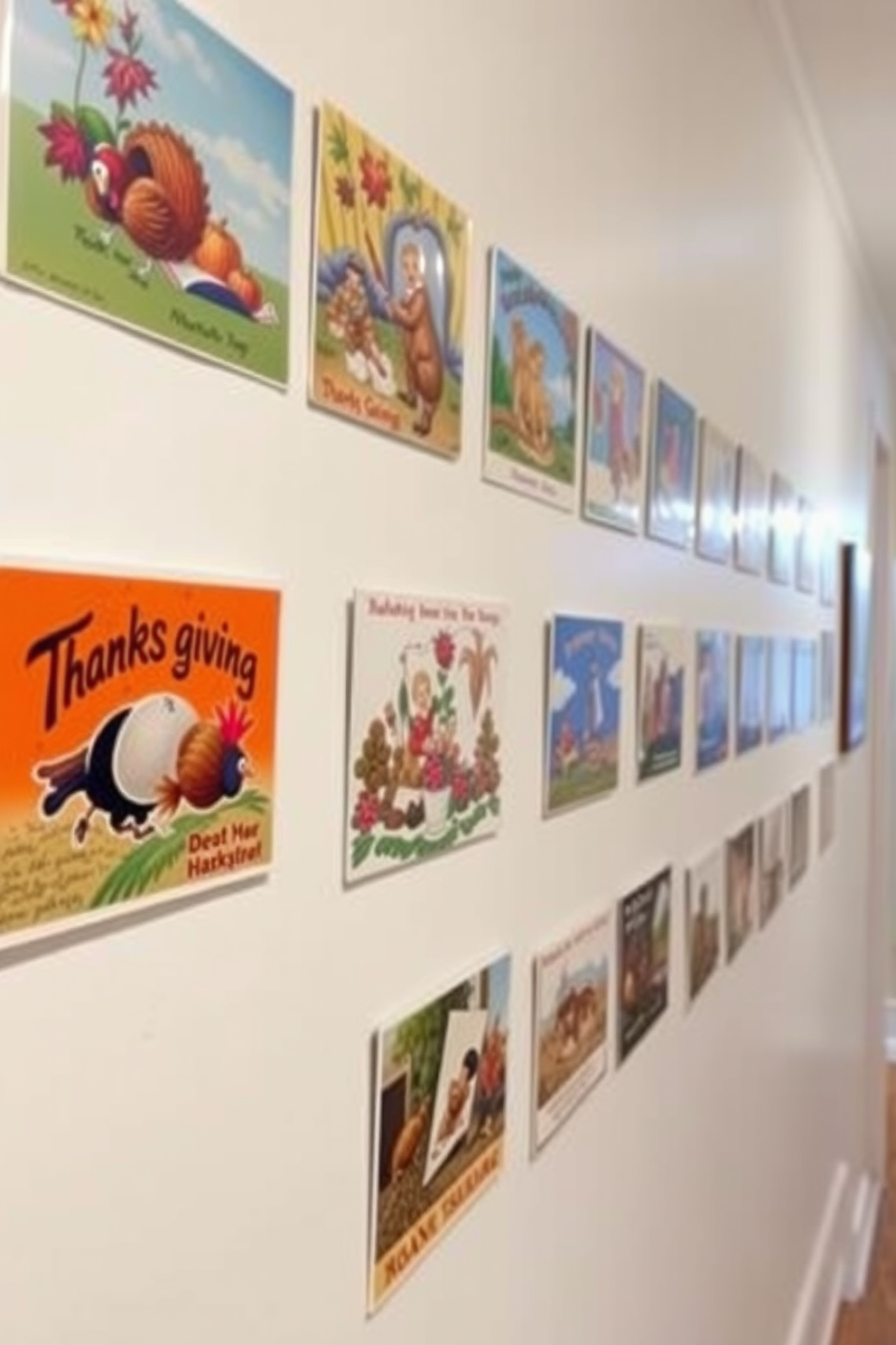 A collection of vintage Thanksgiving postcards arranged in a charming display along a hallway wall. The postcards feature warm autumn colors and nostalgic designs, creating a festive and inviting atmosphere.