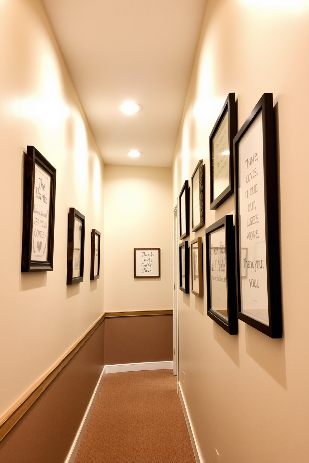 Thankful quotes displayed in elegant picture frames adorn the walls of a warmly lit hallway. The frames are arranged in a harmonious layout, featuring a mix of rustic wood and sleek metallic finishes, creating a cozy yet sophisticated atmosphere.