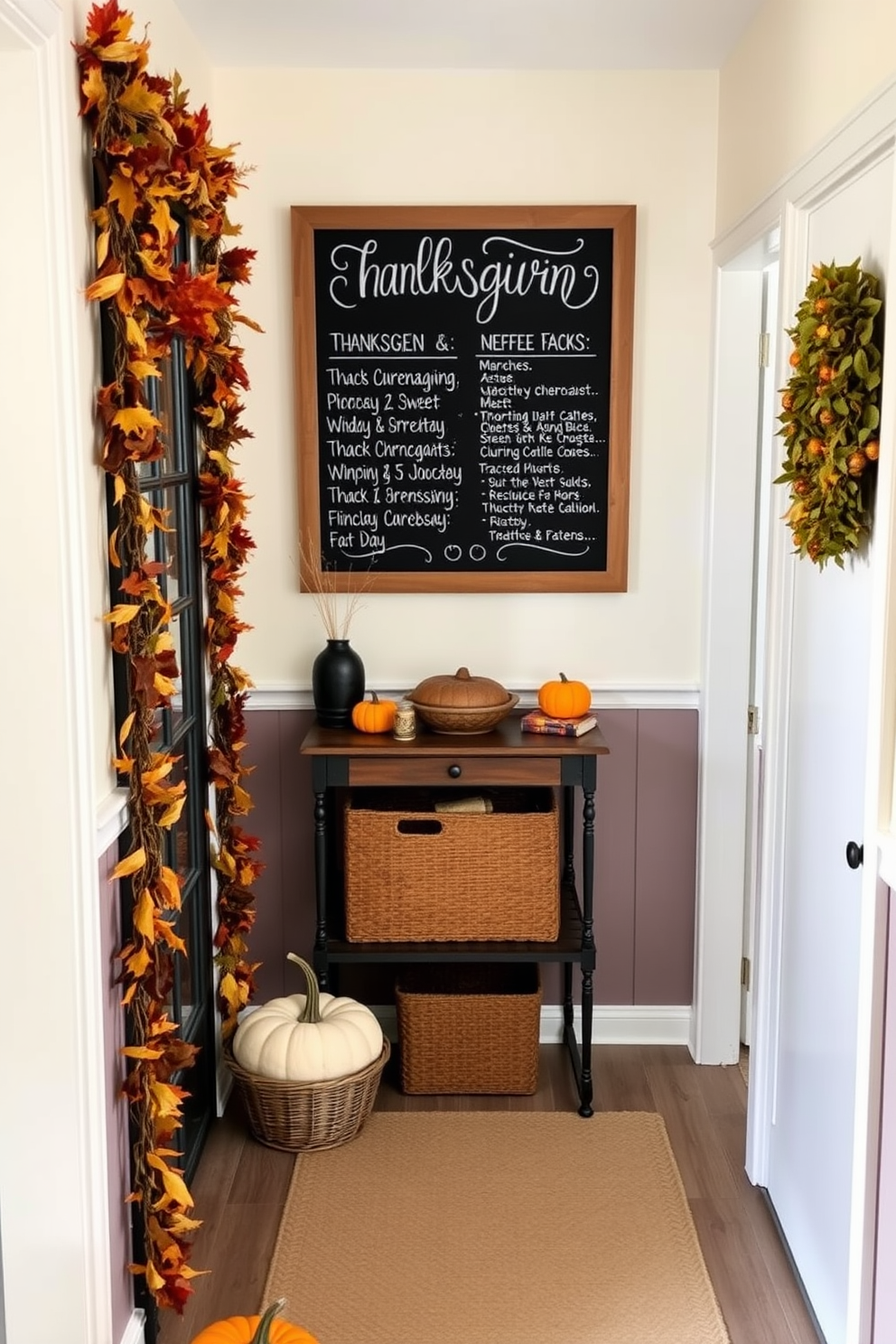 A charming hallway adorned for Thanksgiving. The walls are decorated with a large chalkboard displaying a festive menu, surrounded by autumn-themed garlands and small pumpkins.