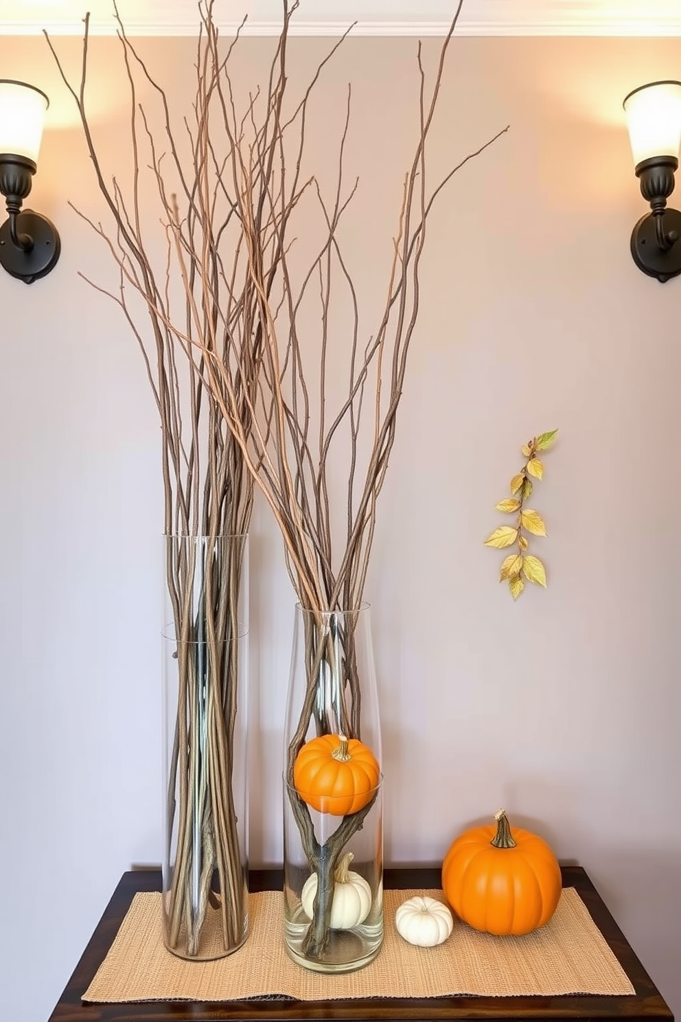 Natural twig arrangements in tall vases create an inviting and rustic atmosphere for your Thanksgiving hallway. The vases can be placed on a console table or the floor, adding height and elegance to the decor. Incorporate warm autumn colors with small pumpkins and gourds nestled among the twigs. Soft lighting from nearby sconces will enhance the cozy feel of the space, making it perfect for holiday gatherings.