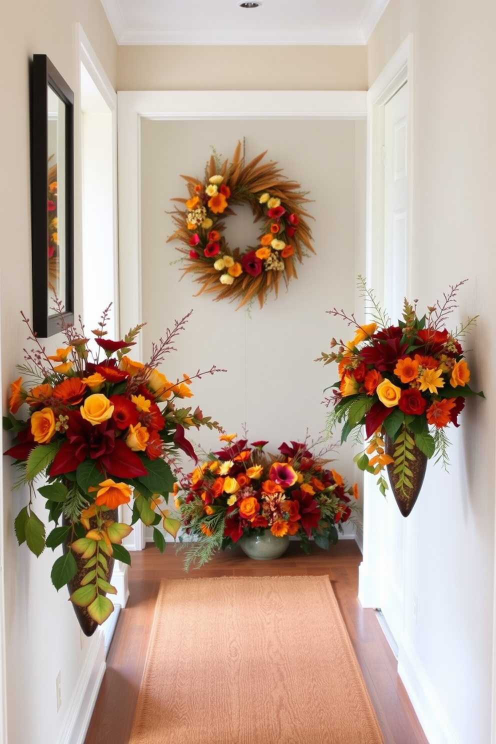 Floral arrangements featuring autumn blooms create a warm and inviting atmosphere in a hallway. Incorporate rich hues of orange, red, and yellow with seasonal foliage to enhance the festive spirit of Thanksgiving.