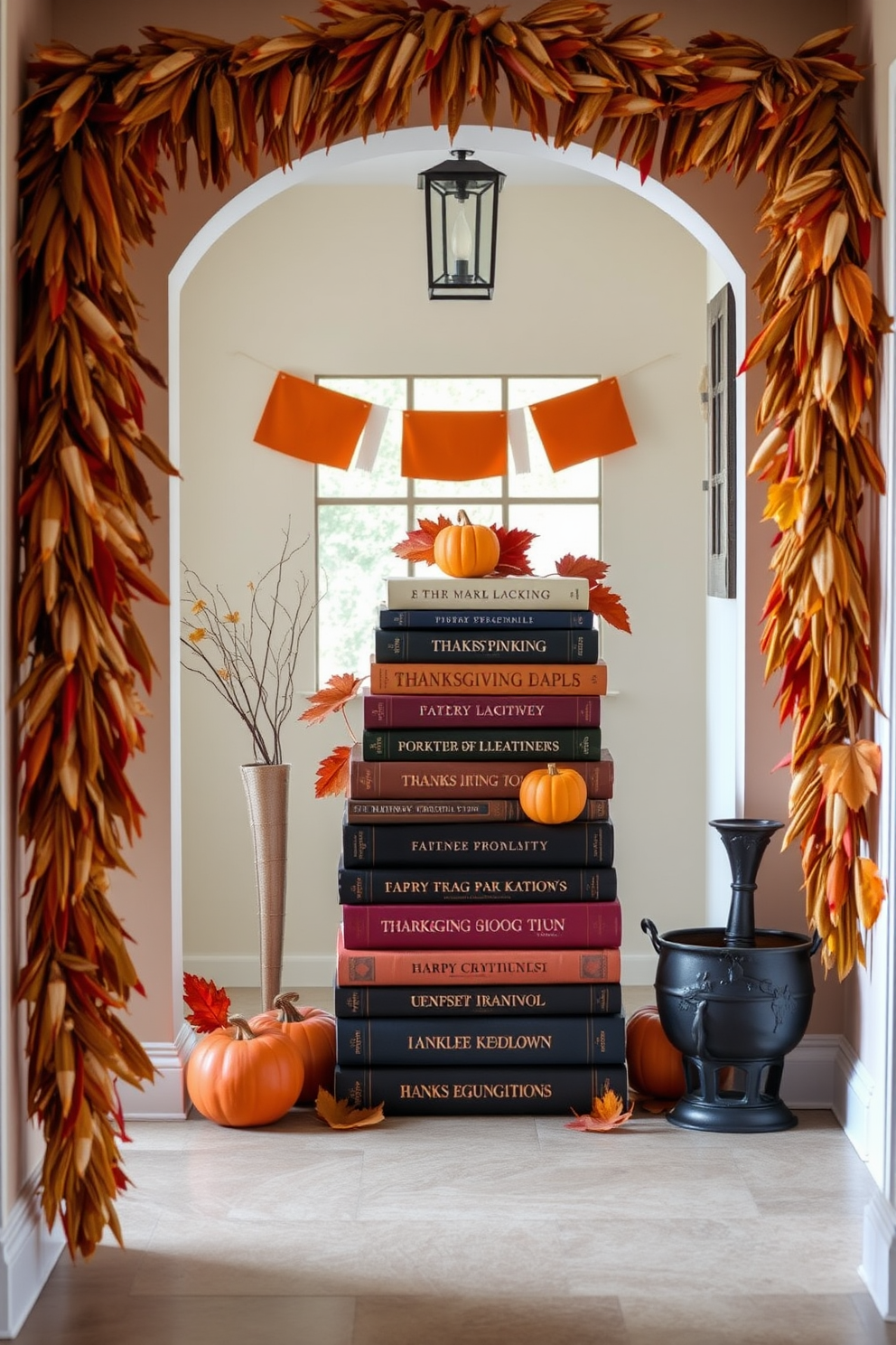 Thanksgiving themed books stacked decoratively create a warm and inviting atmosphere. Arrange the books in varying sizes with autumn leaves and small pumpkins as accents. Incorporate rich, earthy colors in the hallway decor to enhance the festive spirit. Use garlands of dried corn and orange-hued banners to frame the space and draw attention to the holiday theme.