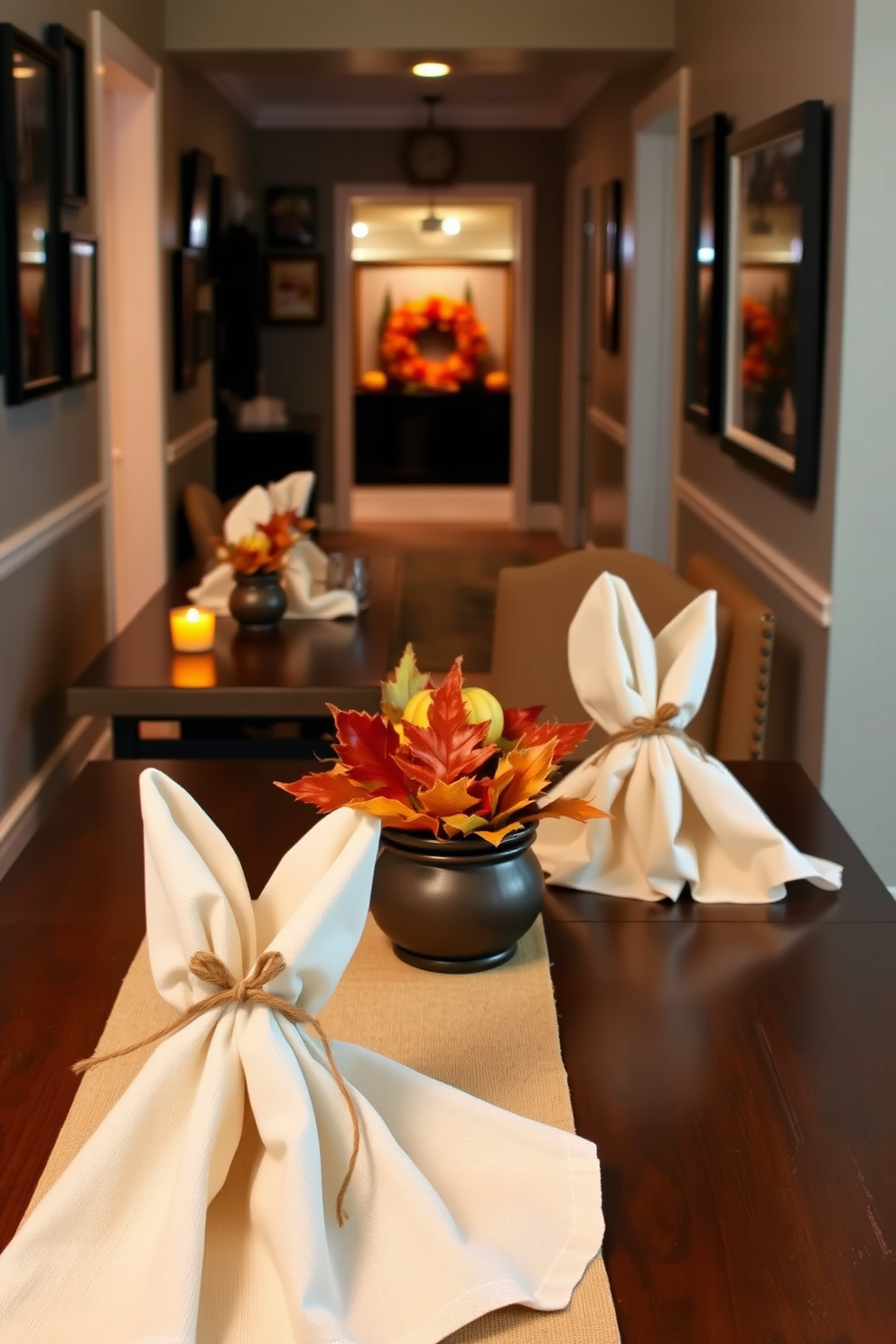 Linen napkins are elegantly tied with twine, adding a rustic charm to the dining tables. Each setting is enhanced with seasonal centerpieces featuring autumn leaves and small pumpkins. In the hallway, warm lighting highlights the rich textures of the decor. A collection of framed family photos and autumn-themed artwork adorns the walls, creating an inviting atmosphere.