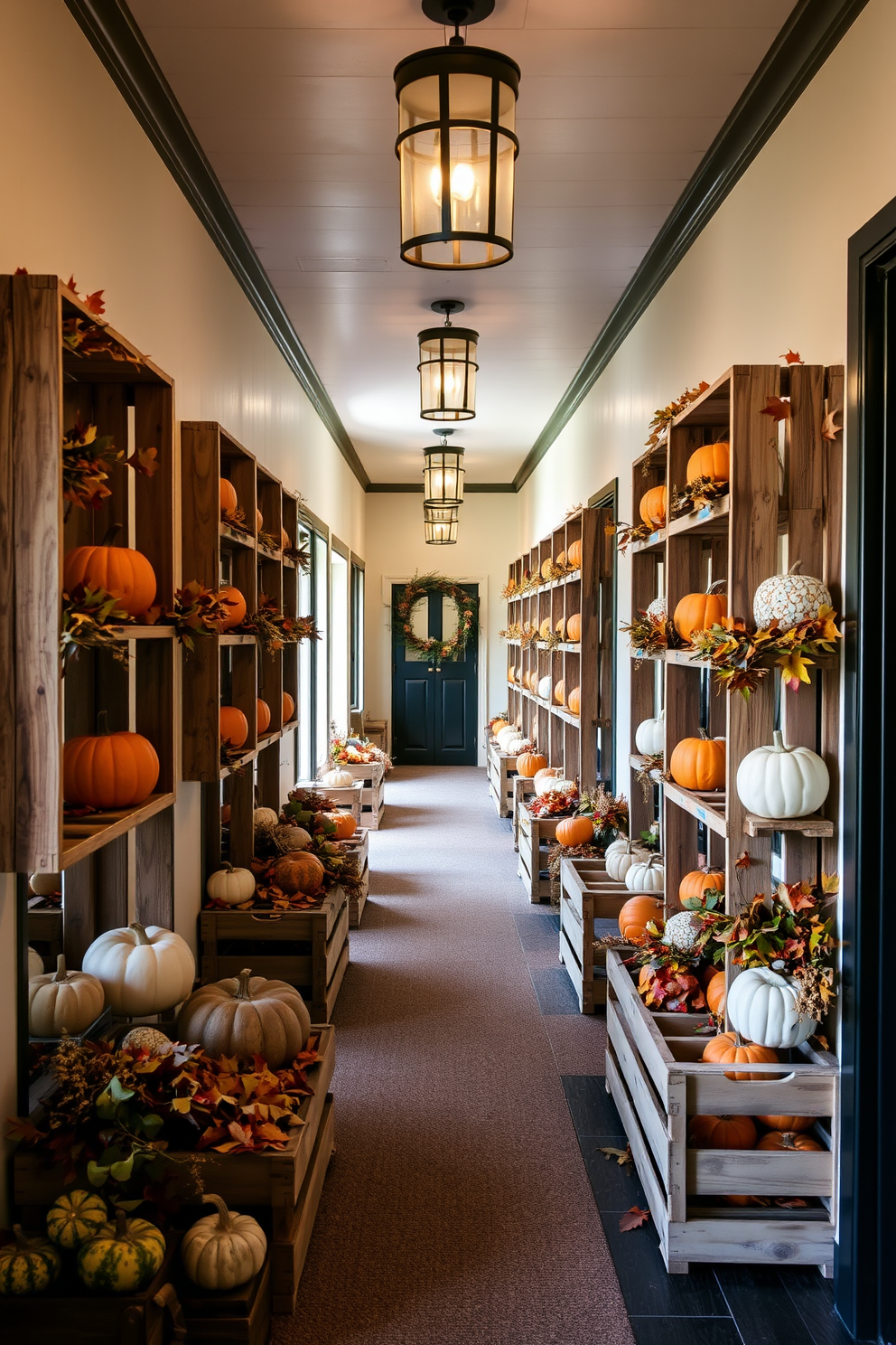 A charming hallway adorned with wooden crate displays showcasing seasonal items for Thanksgiving. Each crate is filled with pumpkins, gourds, and autumn leaves, creating a warm and inviting atmosphere.